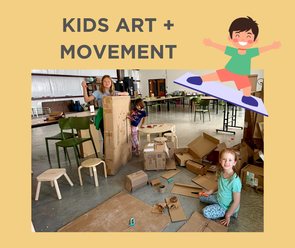 Kids creating art and building with cardboard in a classroom or activity space.
