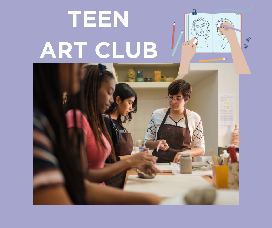 Teen girls and a young woman in aprons participating in a pottery or art class, focusing on a project at a table.