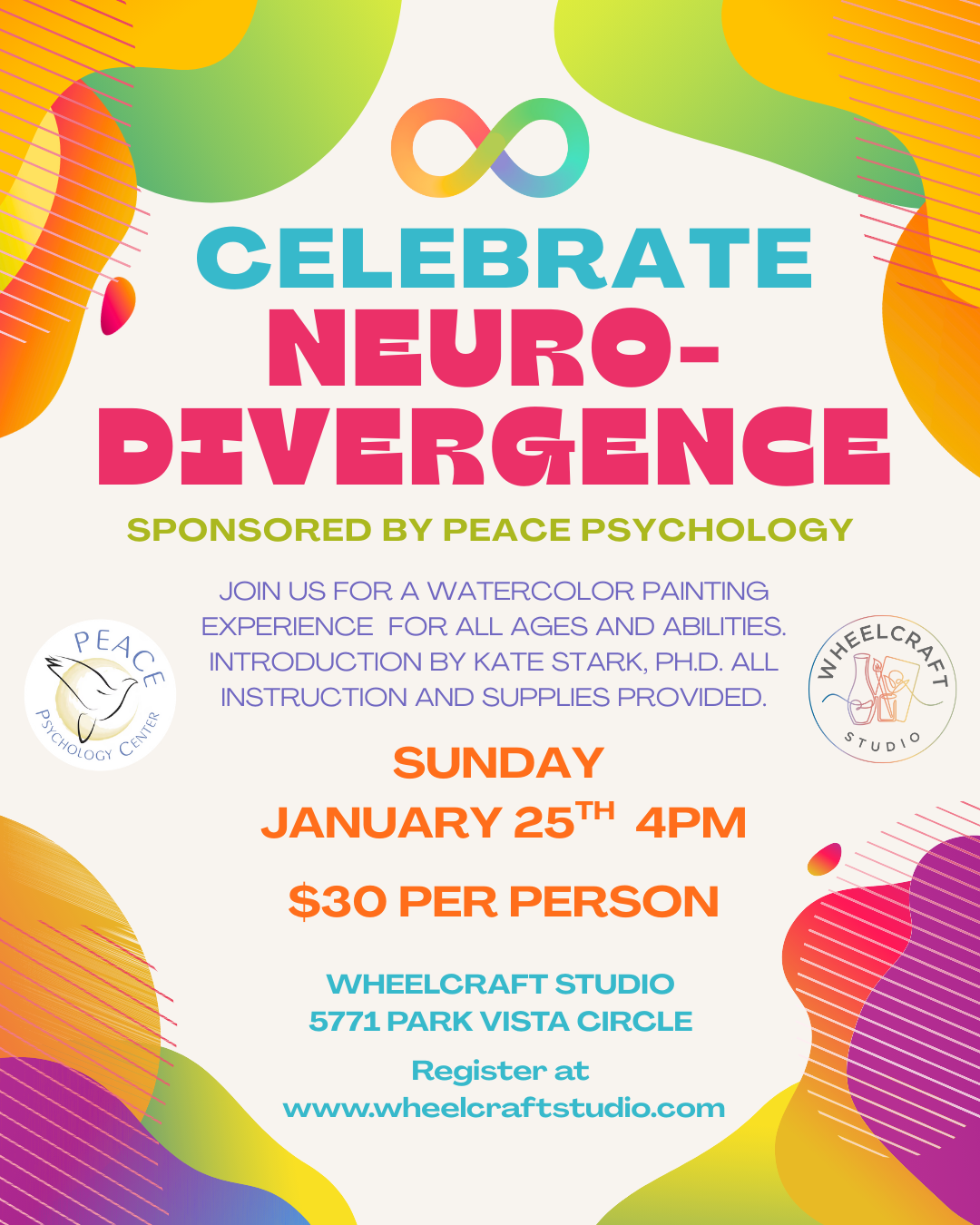 Colorful flyer for an event celebrating neurodivergence with watercolor painting. It includes the event date, time, location, and registration details along with logos of Peace Psychology Center and Wheelcraft Studio.