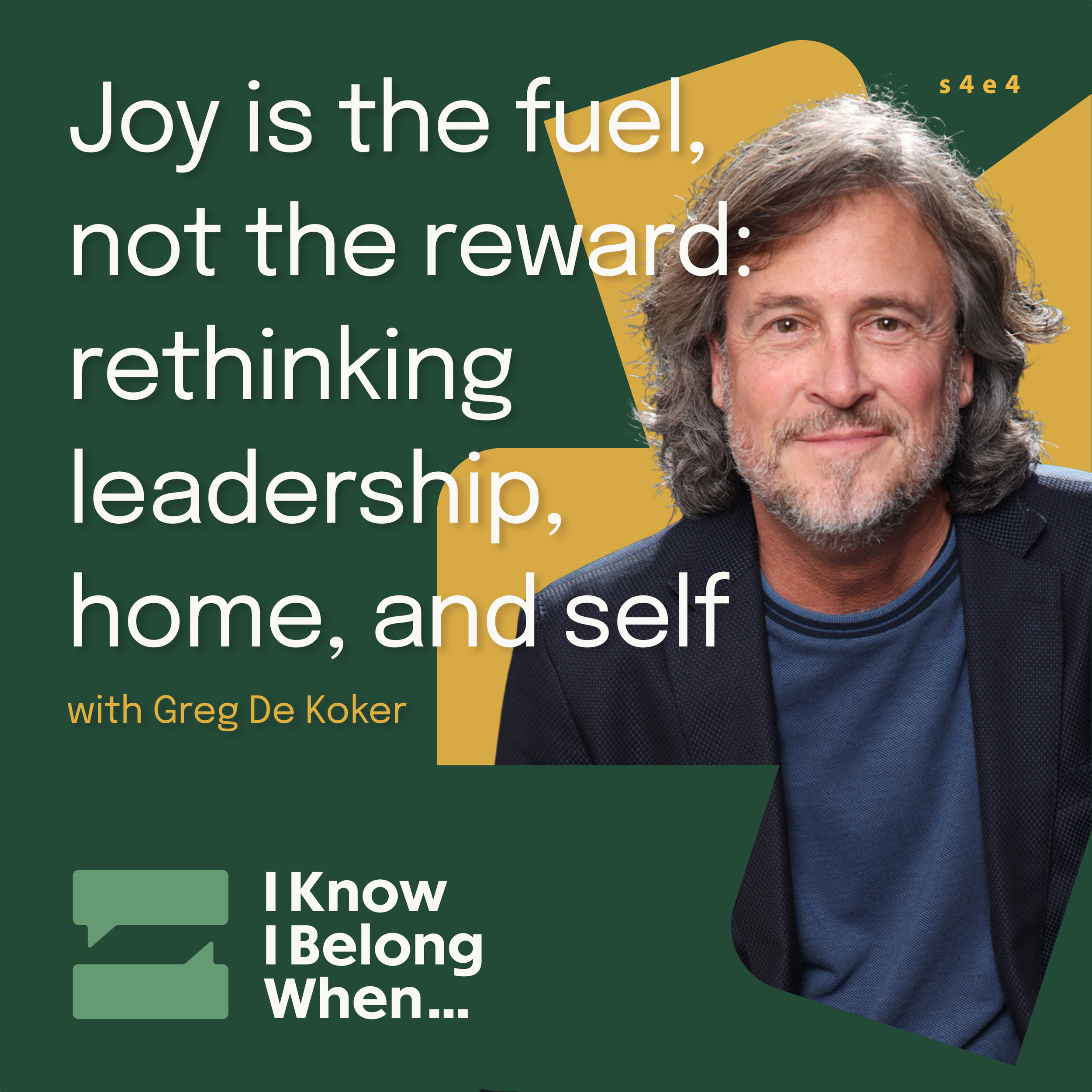 Greg De Koker smiles beside the episode title "Joy is the fuel, not the reward" on the green I Know I Belong When podcast cover for season 4, episode 4.