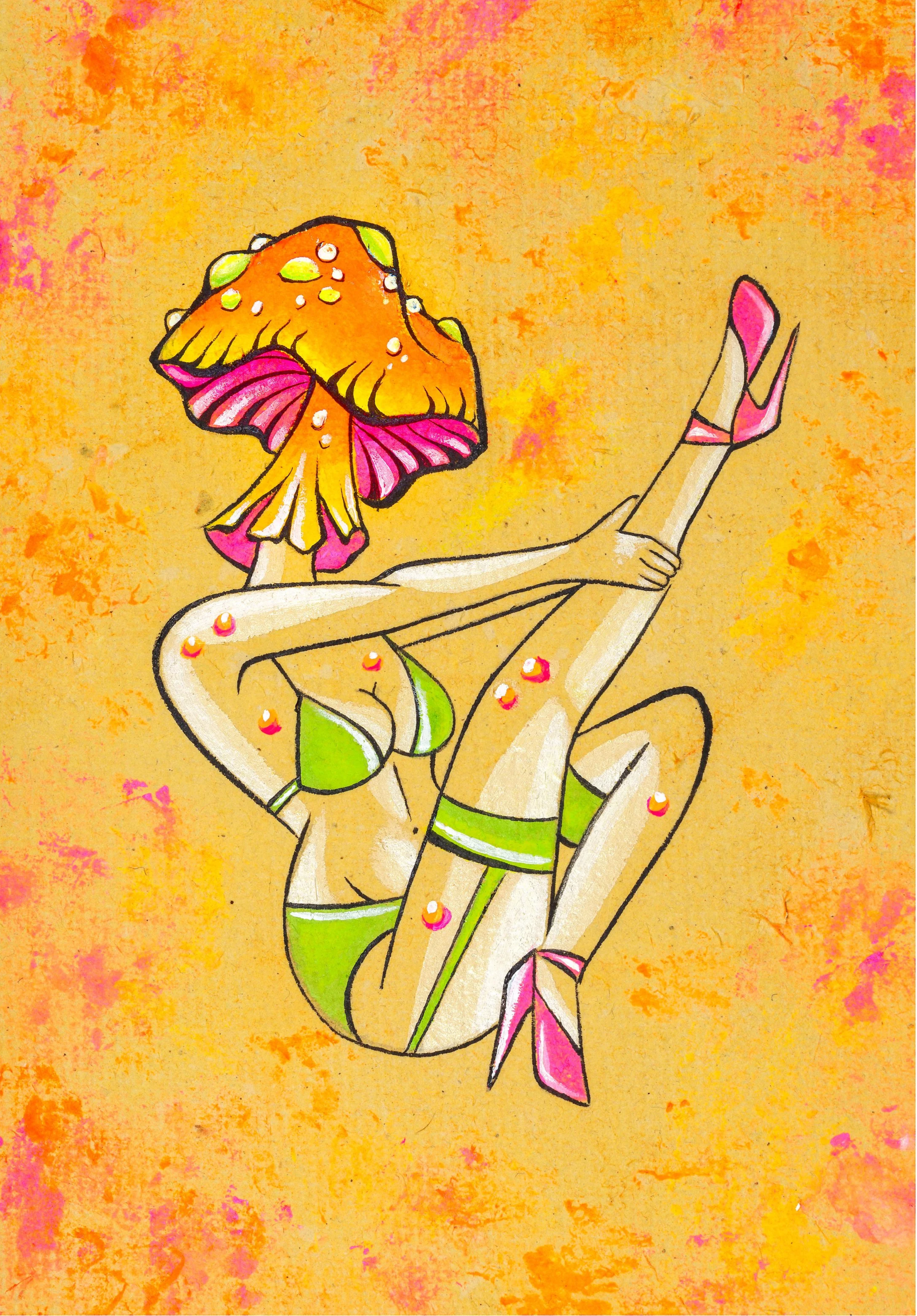 A surreal illustration of a woman with a mushroom head, sitting in a yoga pose against an orange and pink textured background.