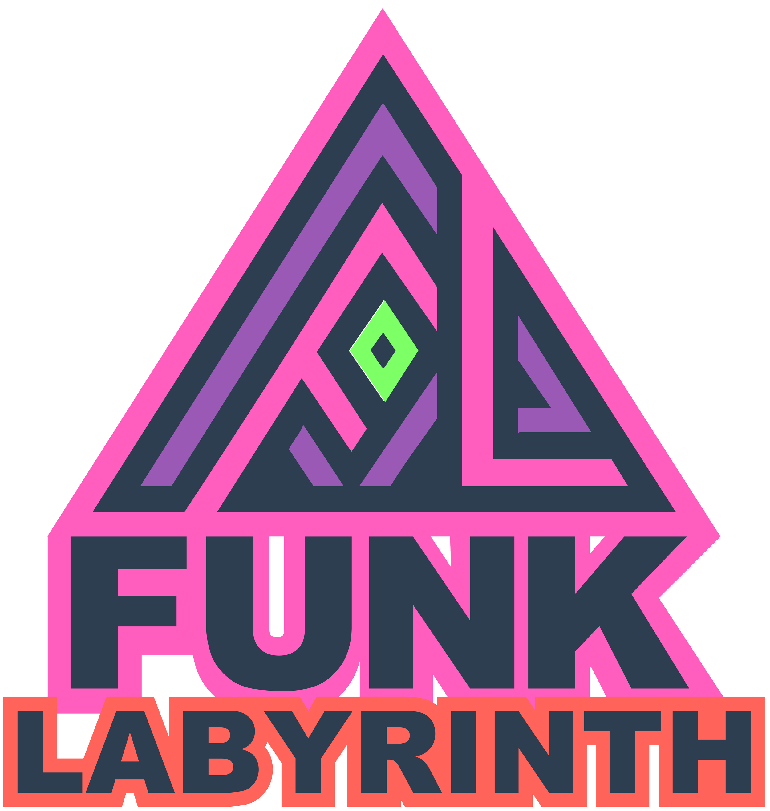 Colorful geometric maze inside a pink triangle with the words "FUNK LABYRINTH" at the bottom.