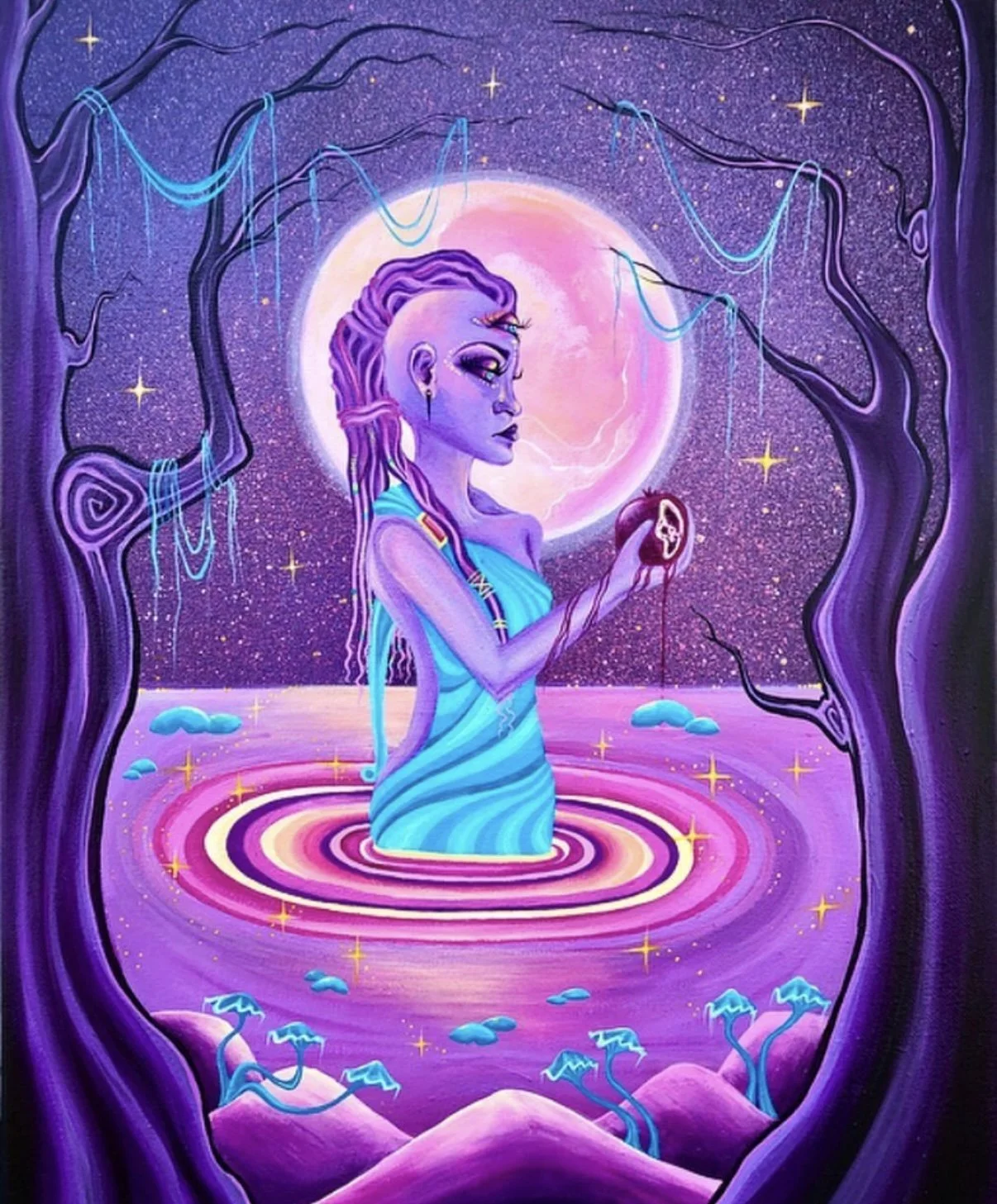 A surreal artwork depicting a purple-skinned female figure with dreadlocked hair, standing in pink water under a large pink moon, framed by dark purple twisted trees with blue vines, against a starry sky.