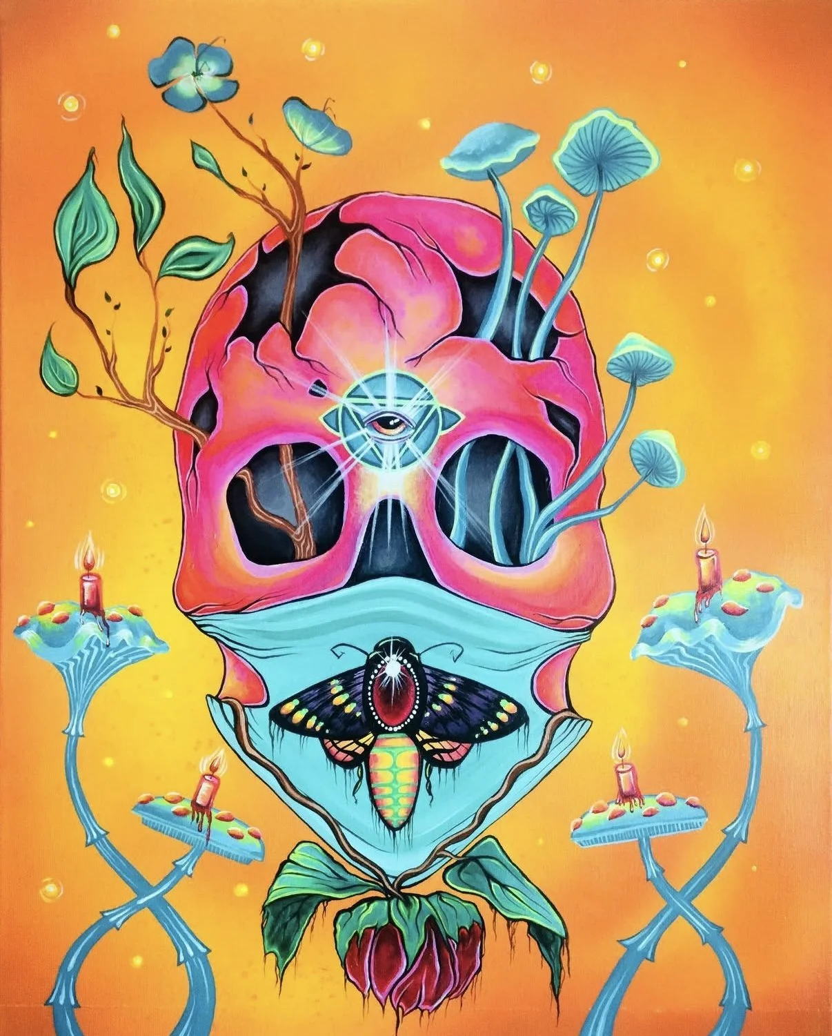A vibrant, surreal artwork featuring a skull with a pink and black color scheme, adorned with plants, mushrooms, candles, a moth, and mystical symbols on a yellow-orange background.