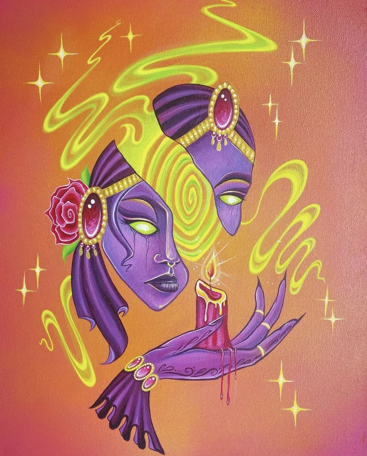 Fantasy illustration of two purple-skinned women with glowing eyes, wearing jewelry and headpieces, surrounded by swirling glowing yellow energy, stars, and holding a lit candle.