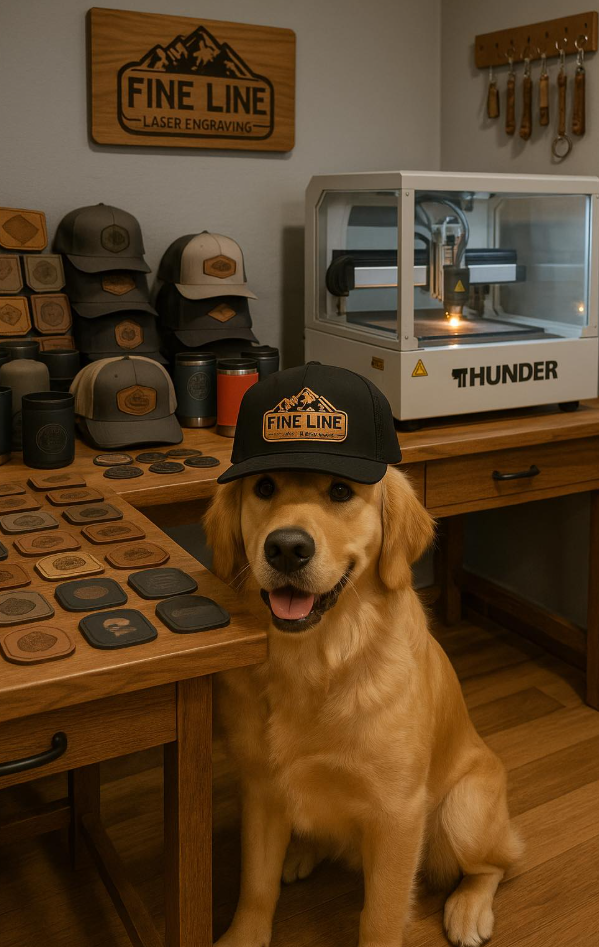 A golden retriever wearing a black cap with a logo that reads 'FINE LINE LASER ENGRAVING' is sitting at a wooden desk. The workspace includes laser engraving equipment, hats, patches, and coffee mugs with the same logo displayed on the wall.