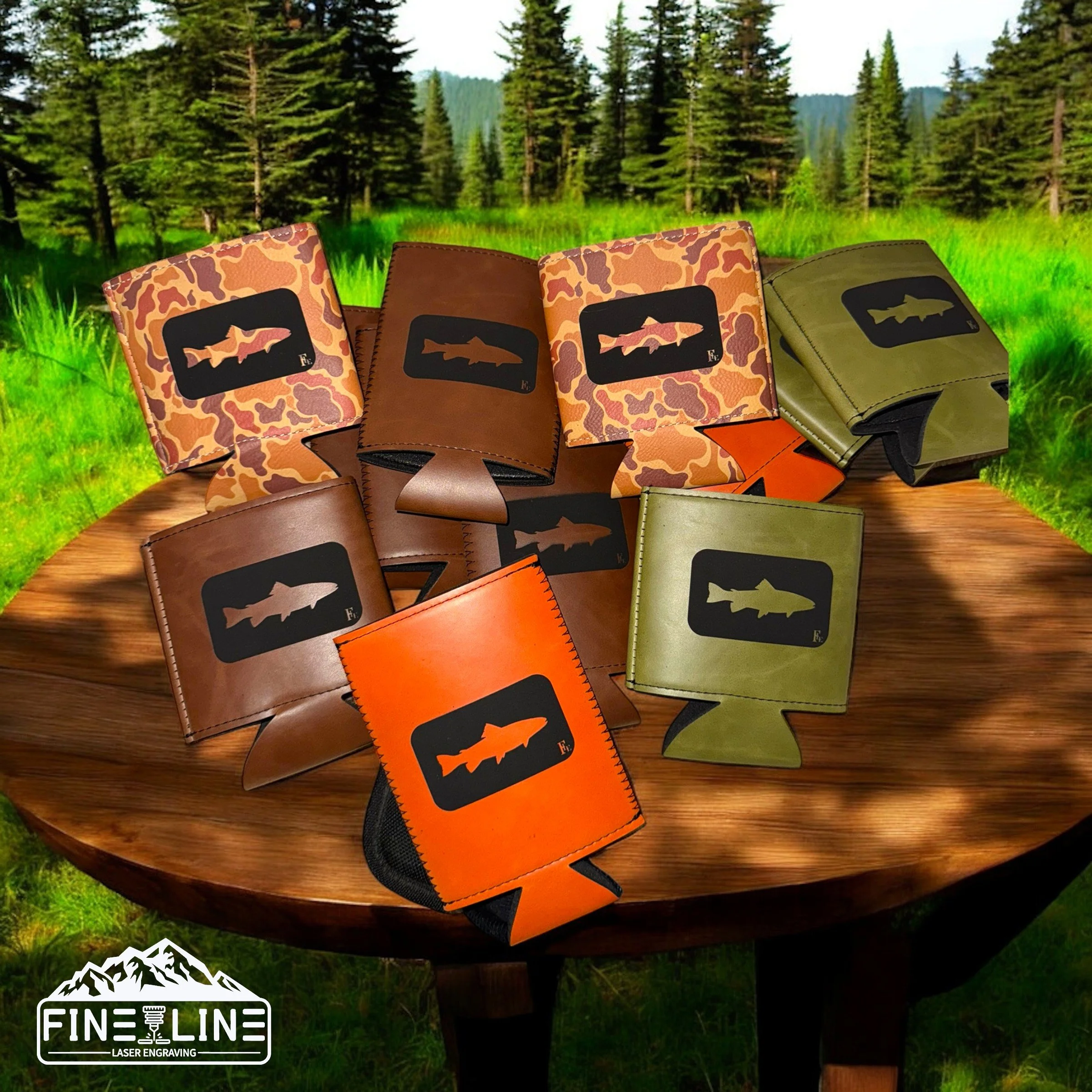 Several leather wallets with fish logo and camouflage or solid color designs displayed on a wooden table outdoors with pine trees and grassy landscape in the background.