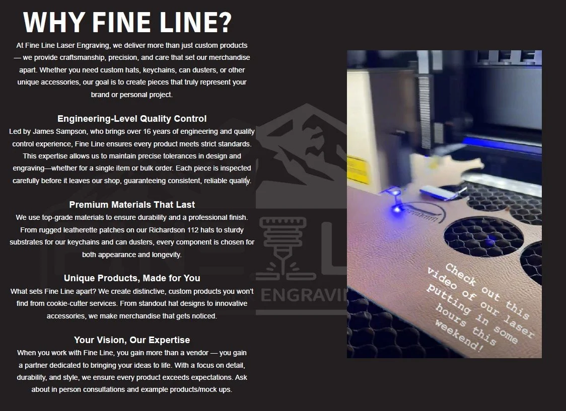 Digital photo of a black marketing flyer for Fine Line Laser Engraving featuring text about their products and services, with an image of an engraving machine and a small note to check out their laser-engraved items.
