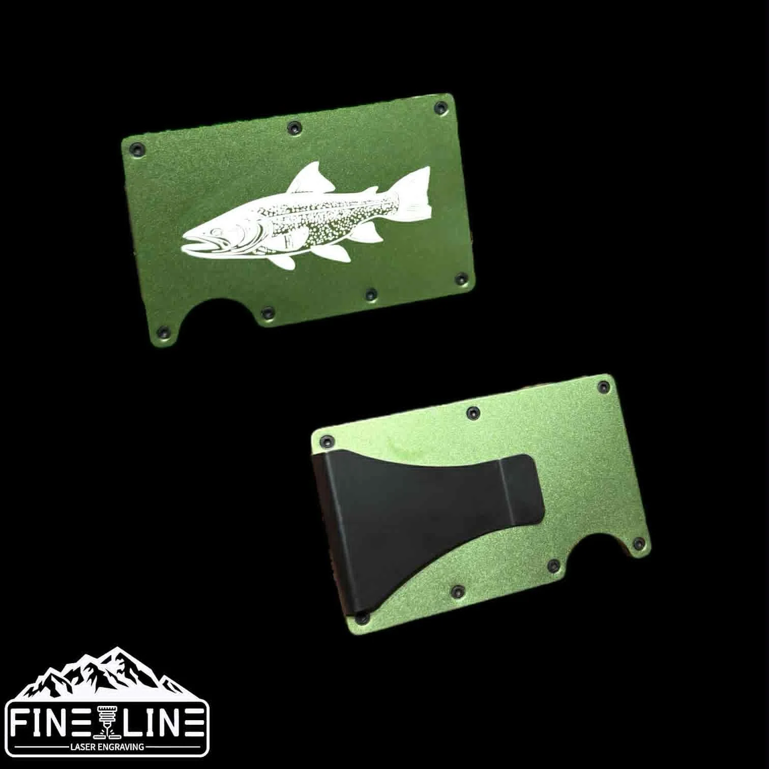 Two green metal cards with black rubber grip, one featuring a white bass fish illustration and the other showing the back side, on a black background with 'FINE LINE Laser Engraving' logo.