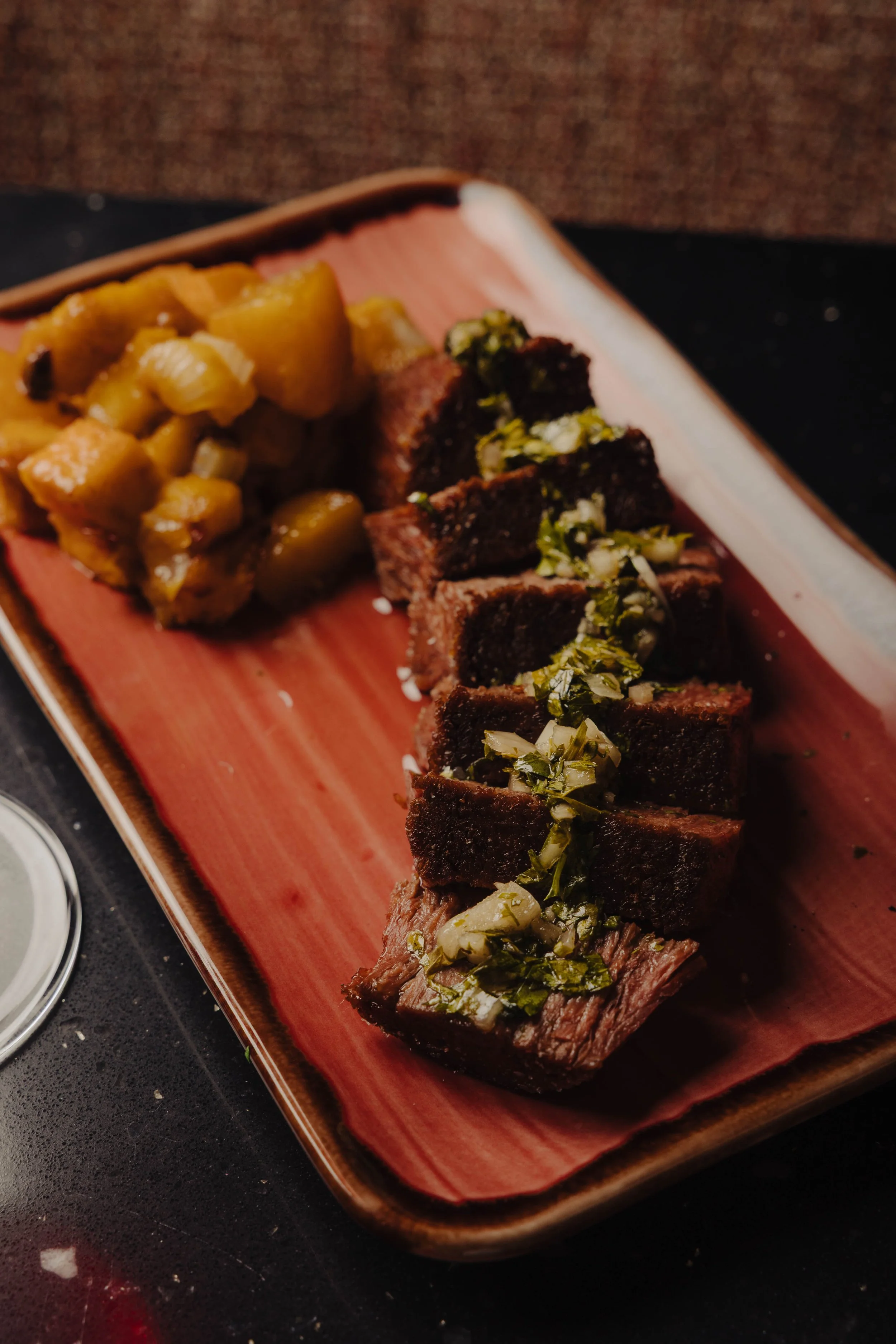 Vegan Filet with roasted root vegetable saute