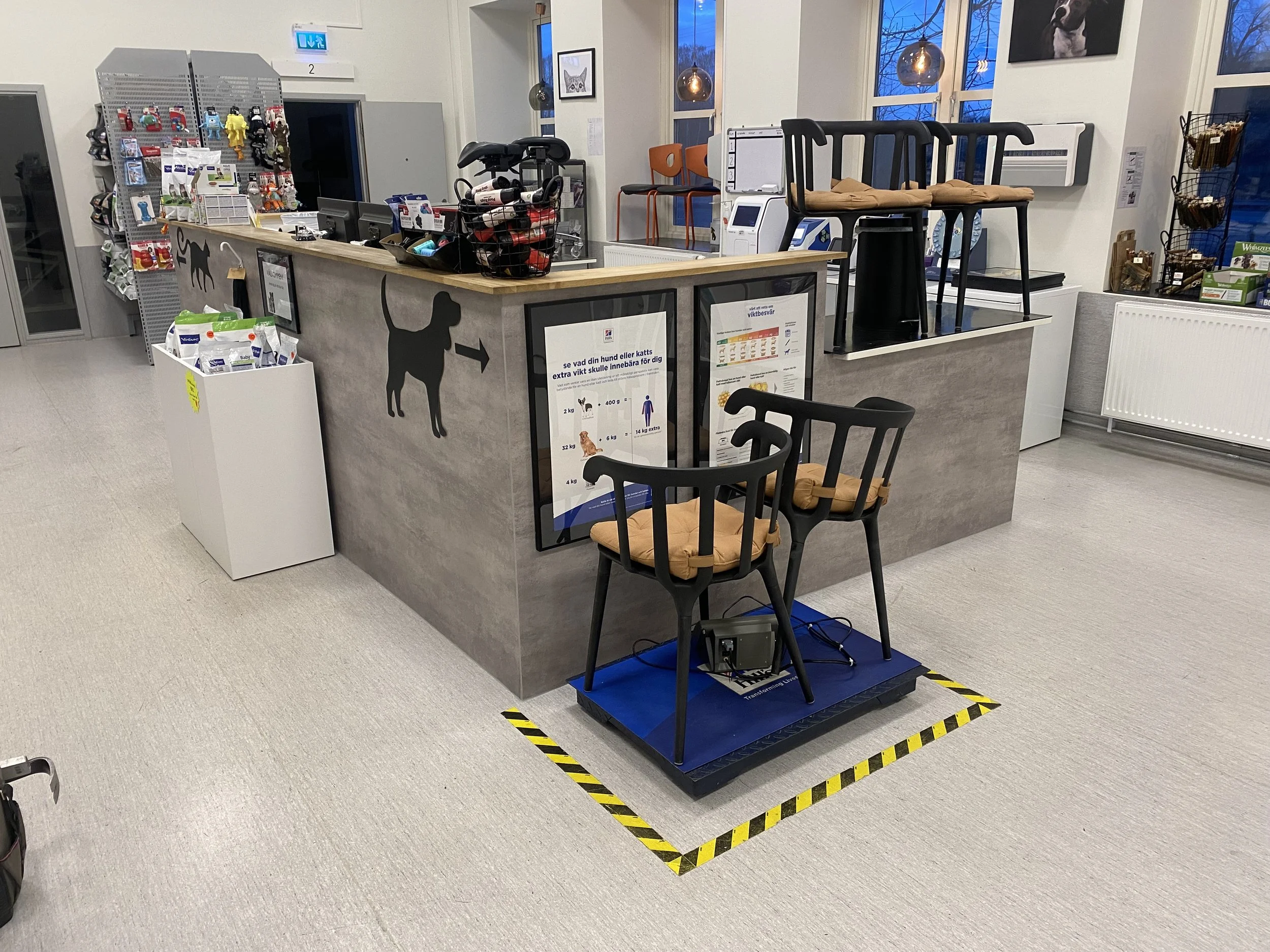 Inredning av en djuraffärs kassasortiment, inklusive en djurvåg