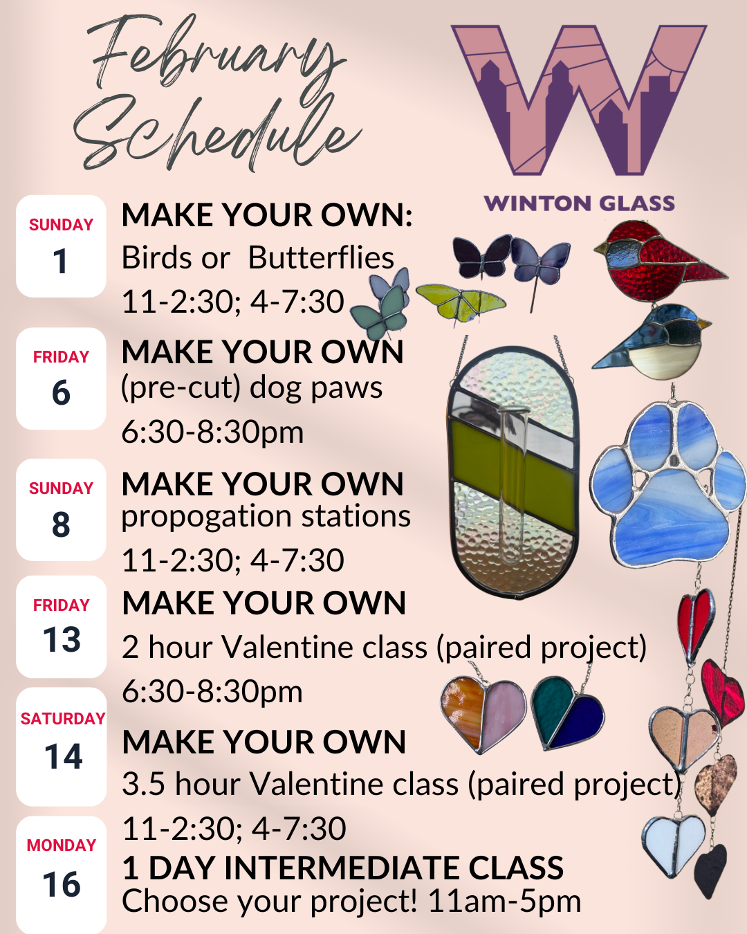 February schedule poster for Winton Glass, featuring decorative glass art pieces including butterflies, dogs, and hearts, with dates and times for workshops and classes.
