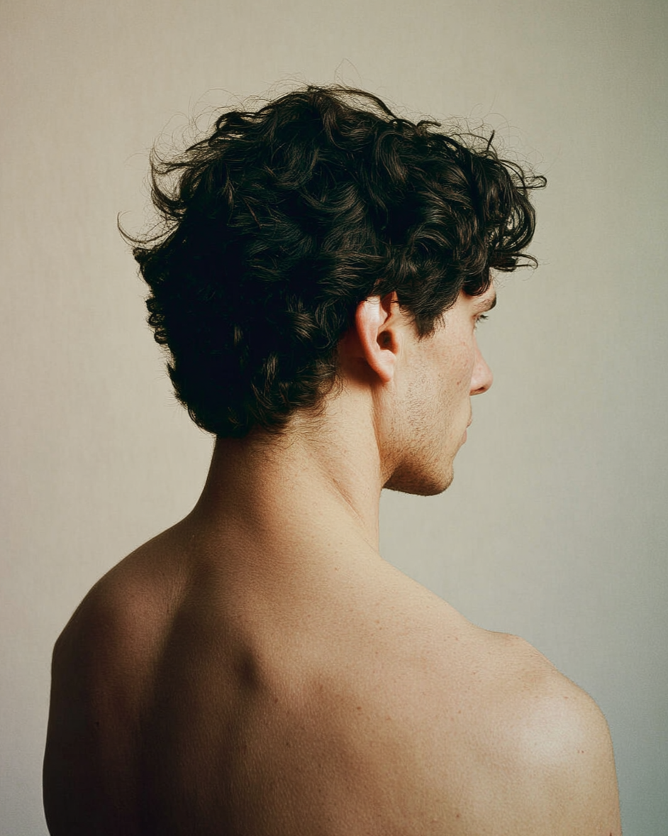 A dark-haired, curly-haired man after our deep cleansing ritual at AAN Hair Spa. Un hombre de cabello oscuro y rizado, después de recibir ritual de limpieza profunda y anticaspa en AAN Hair Spa.
