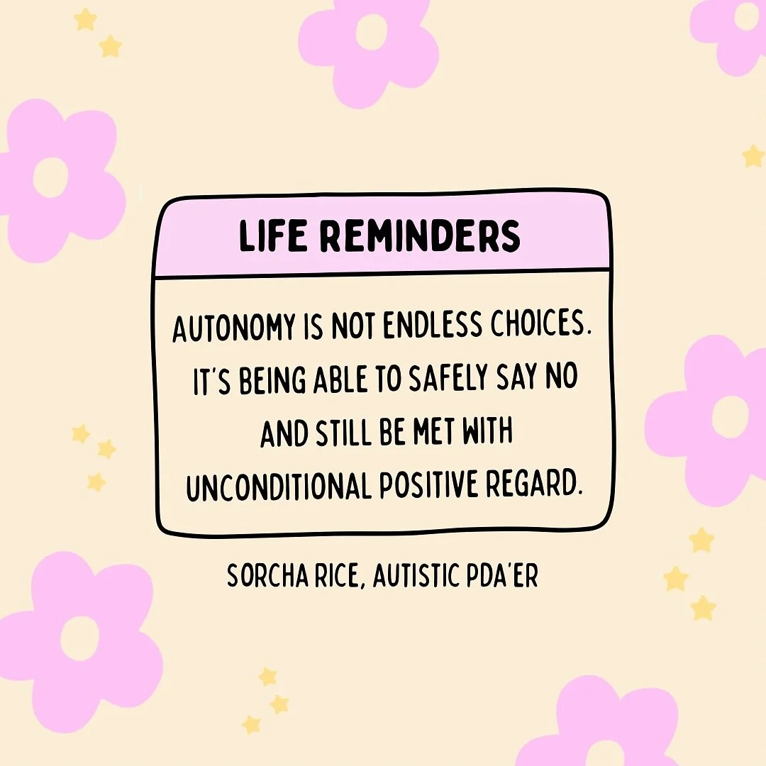 ✨Autonomy isn&rsquo;t about control. It&rsquo;s about safety.✨

For PDA&rsquo;ers (and many neurodivergent individuals), autonomy isn&rsquo;t created by endless choices. it&rsquo;s about relational safety.

💛 When a person can safely say &ldquo;no,&