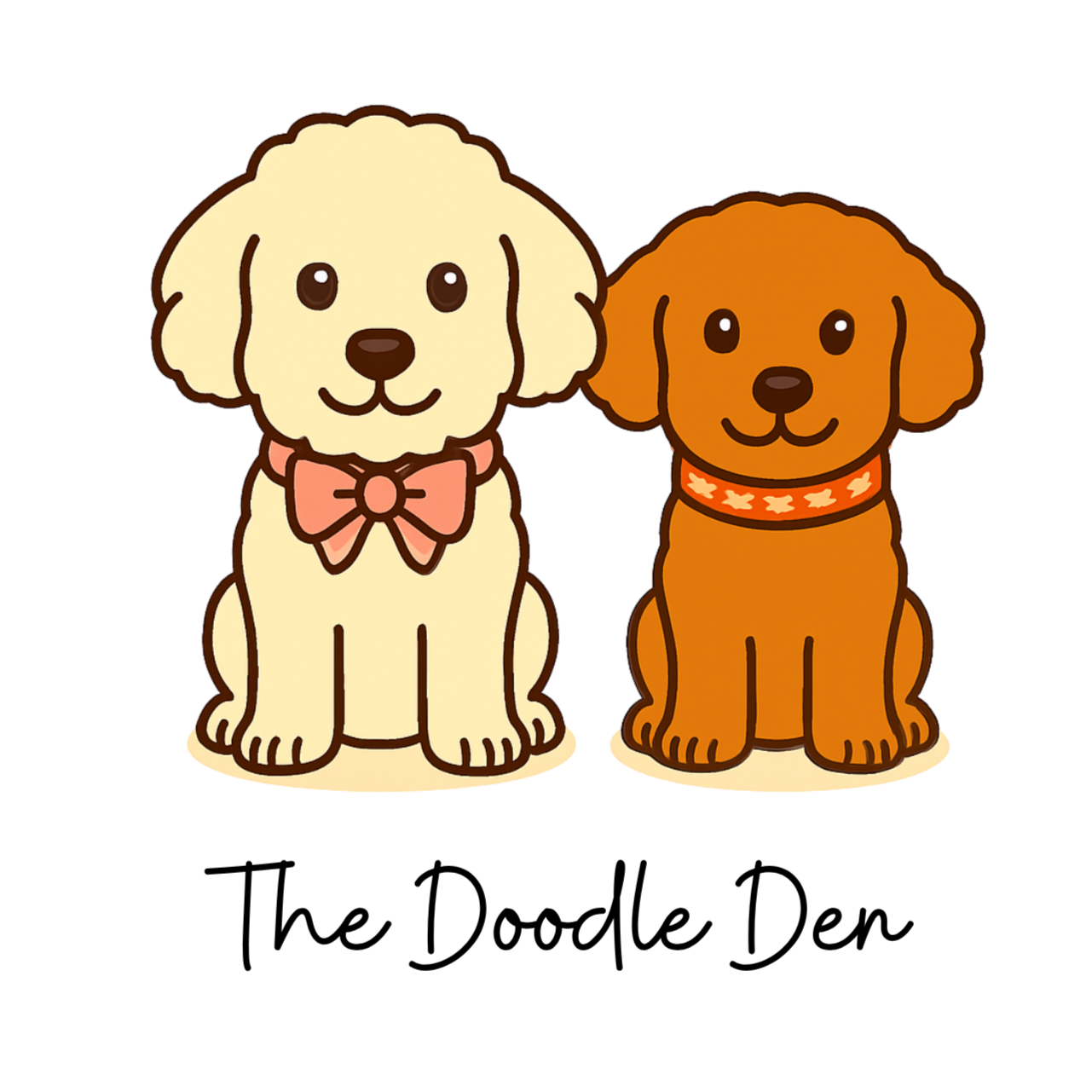 Cute cartoon illustration of two dogs sitting side by side, one cream-colored with a pink bow collar, and the other brown with a patterned orange collar.