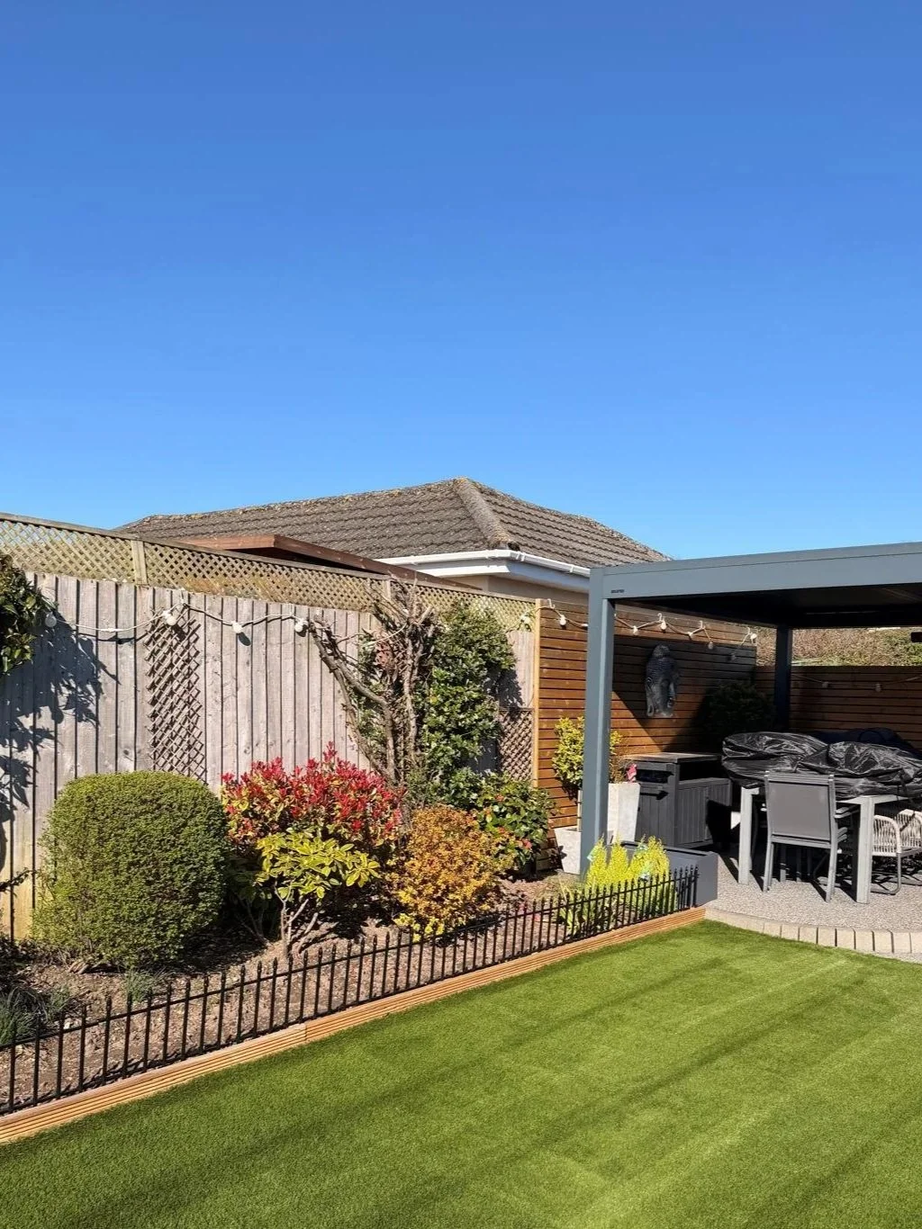 A backyard with a well-maintained lawn, a garden bed with greenery and shrubs, a wooden fence, and a covered patio area with outdoor furniture, under a clear blue sky.