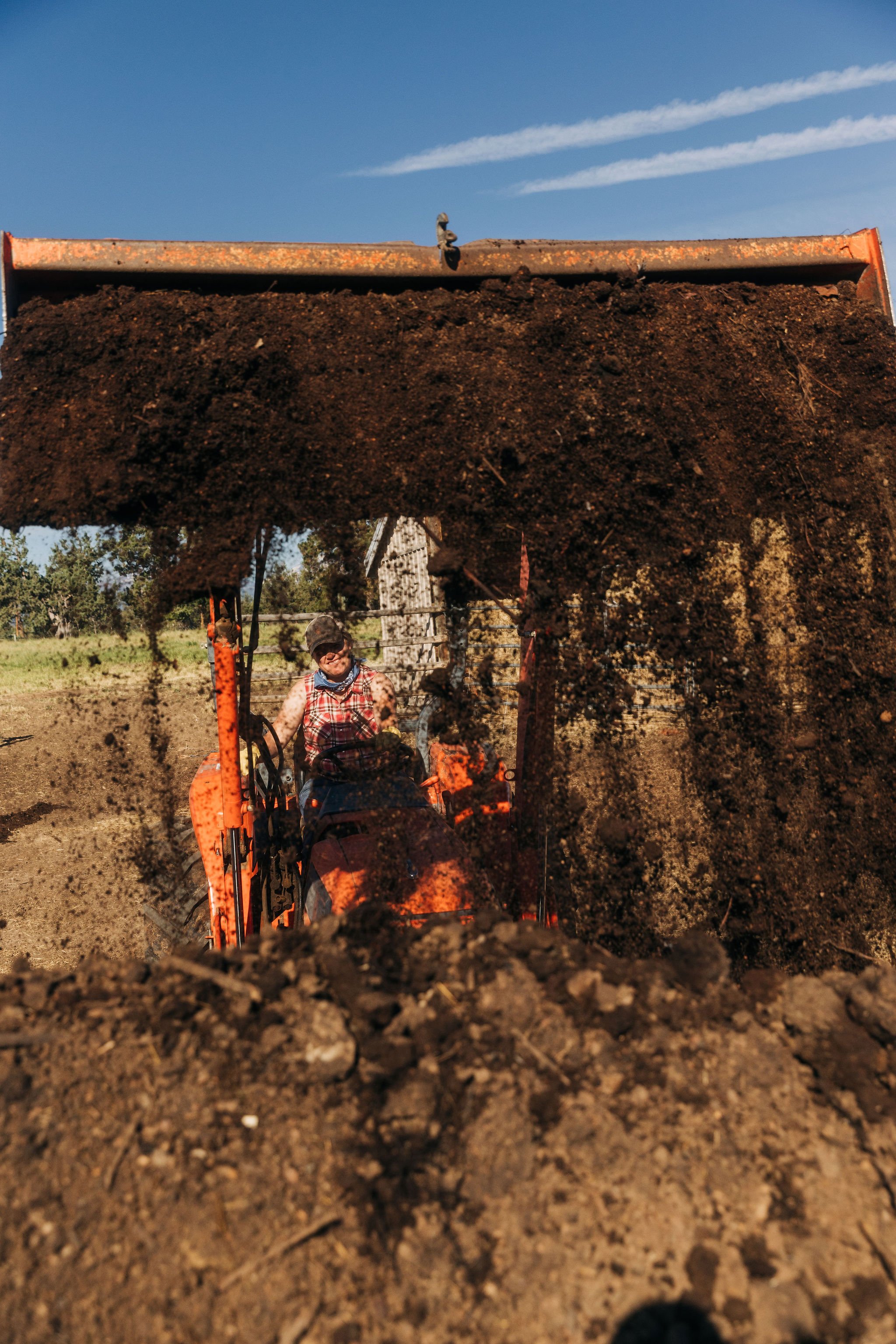 Person operating a small tractor or tiller on a farm field, viewed from below through the soil.