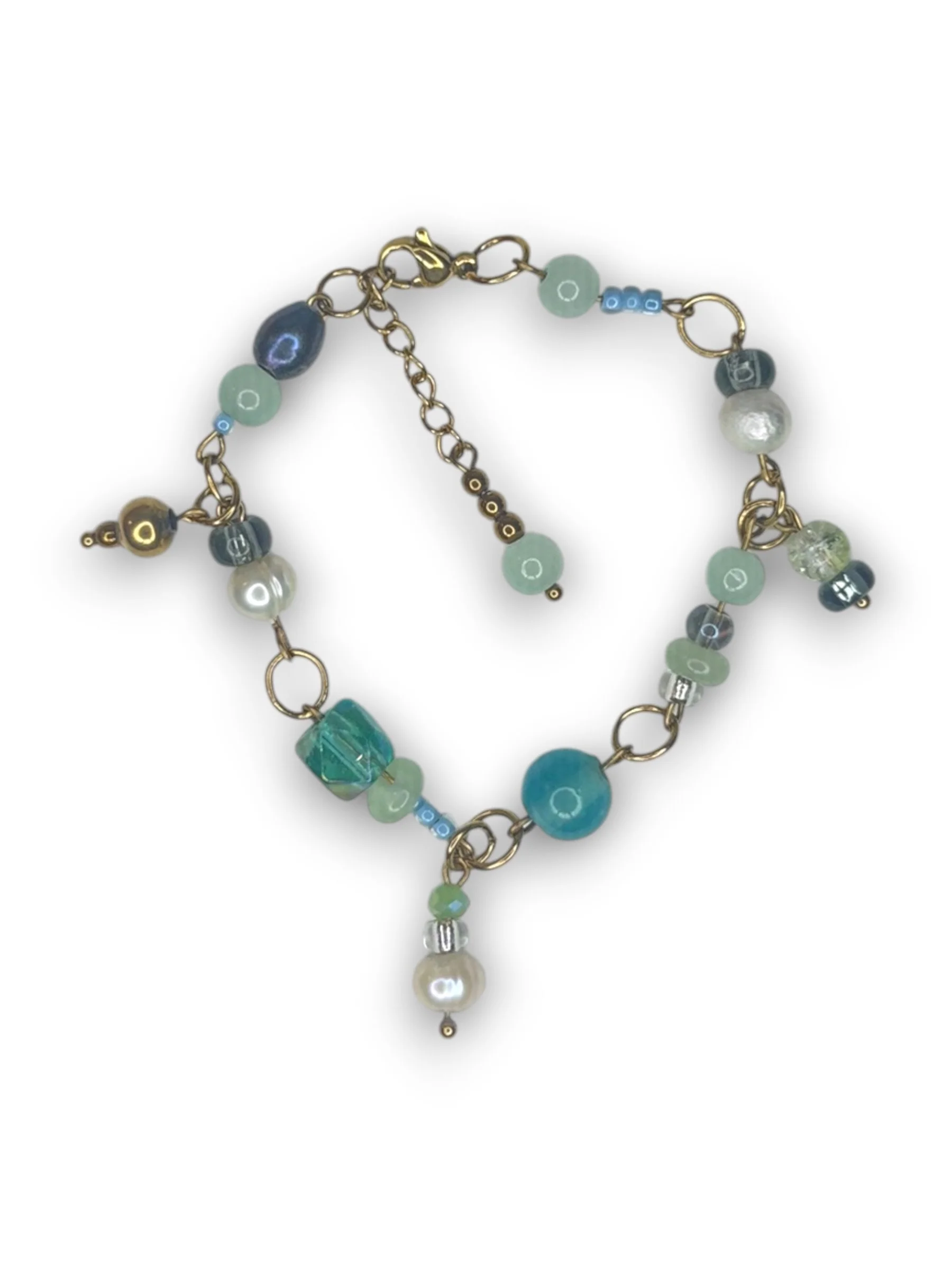 Seafoam Blue Beaded Dangly Bracelet in Gold