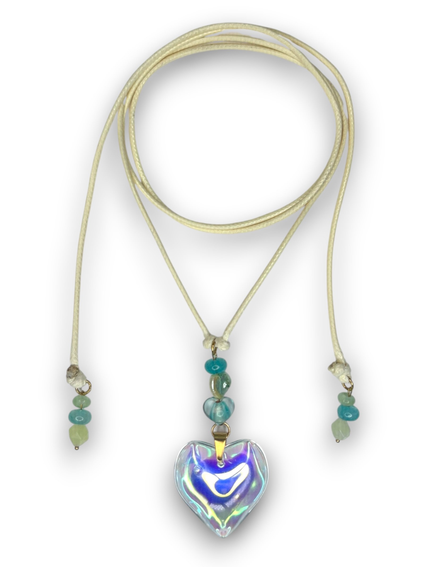 Seafoam Blue Heart Cord Necklace in Gold