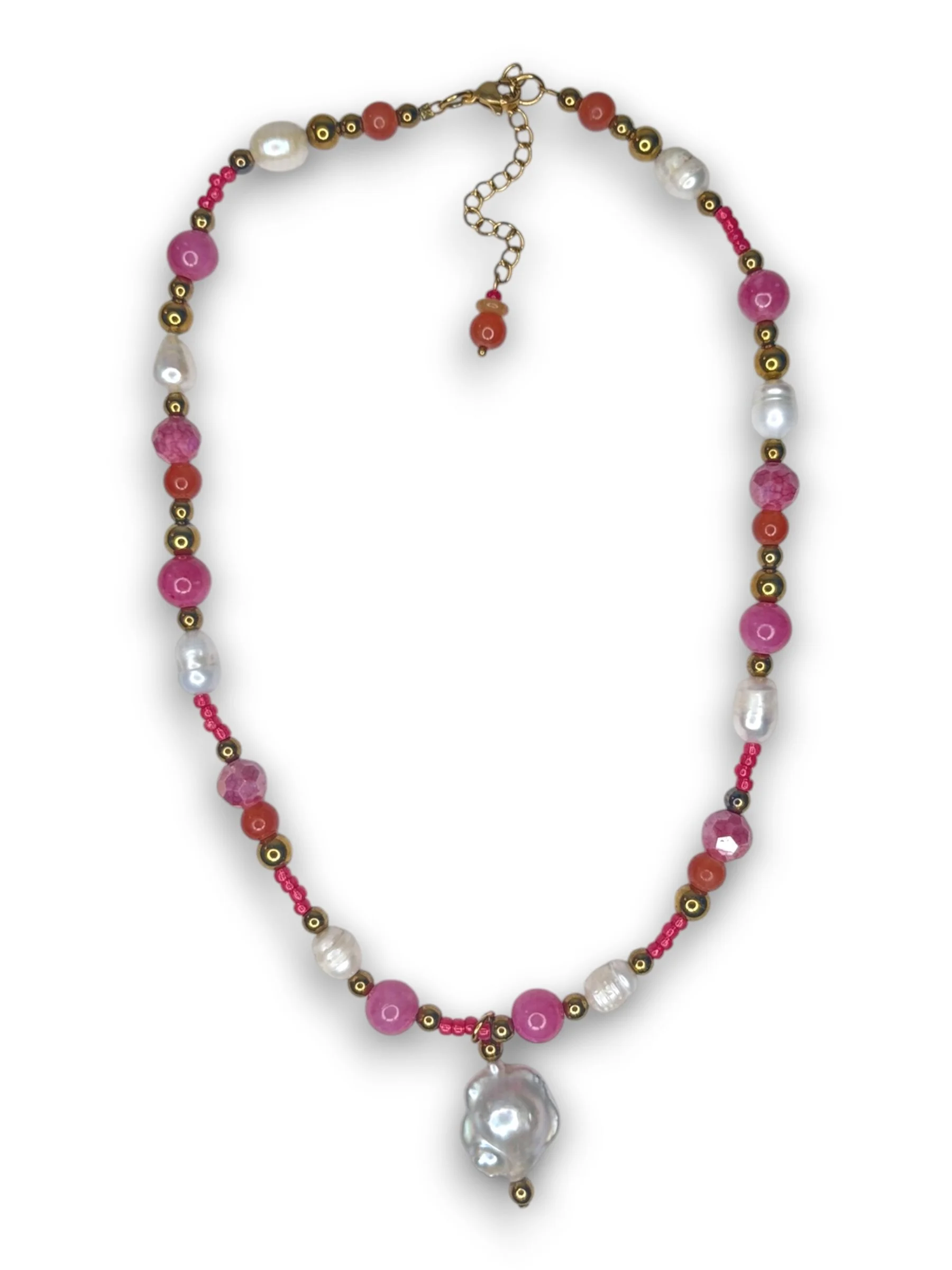 Sunset Pink Flower Pearl Necklace in Gold