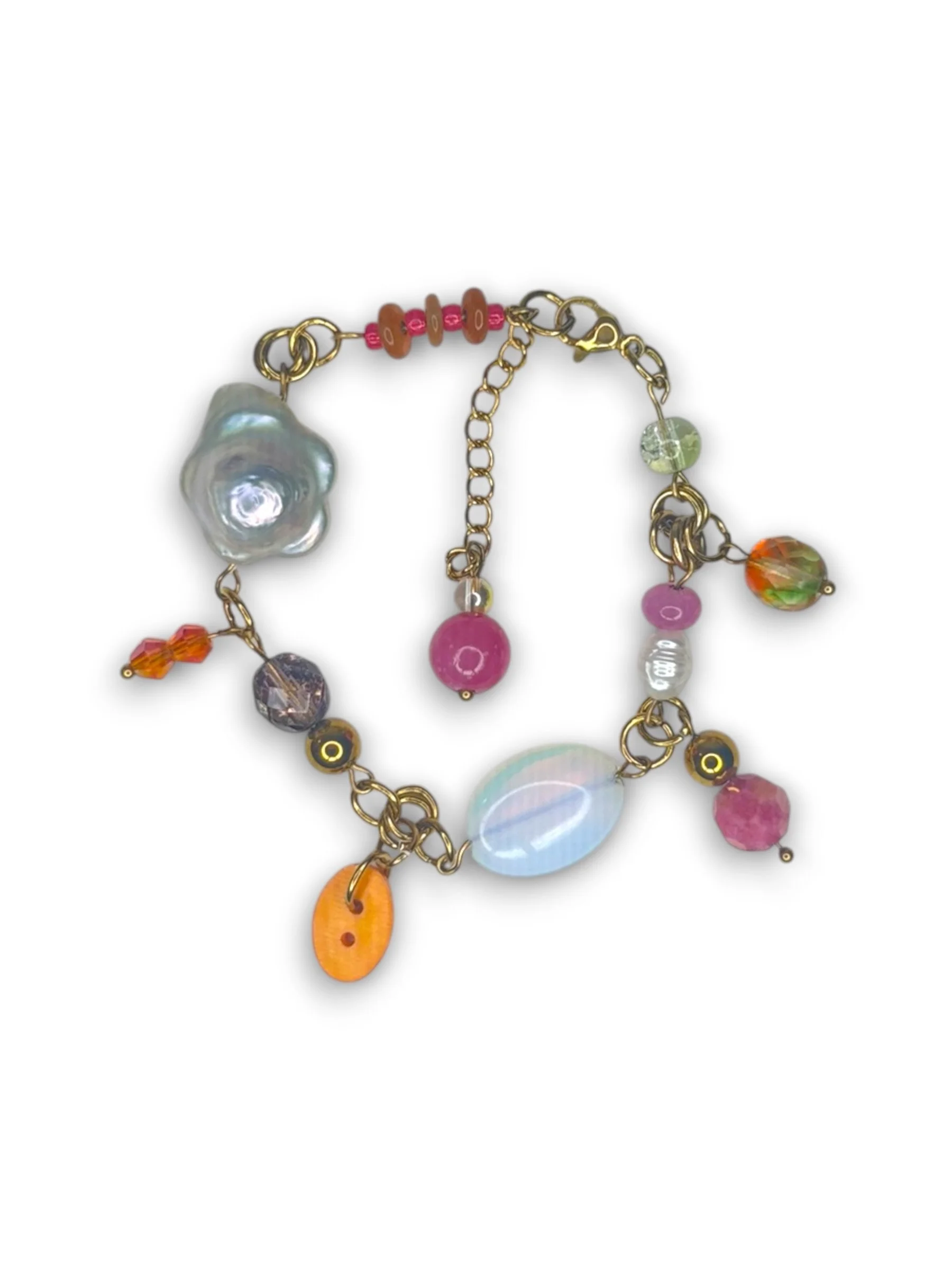 Sunset Pink Flower Pearl Bracelet with Dangles in Gold