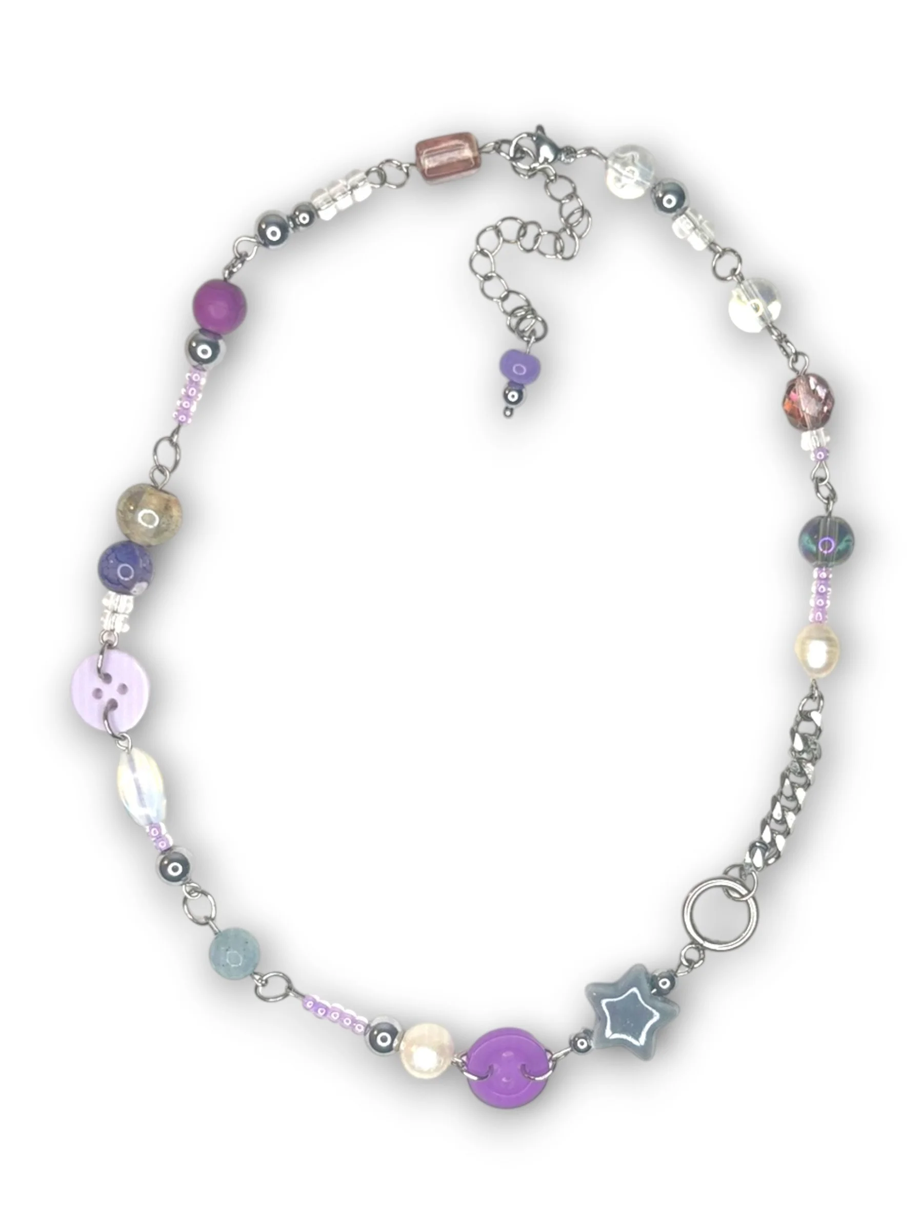 Twilight Purple Button and Chain Necklace in Silver