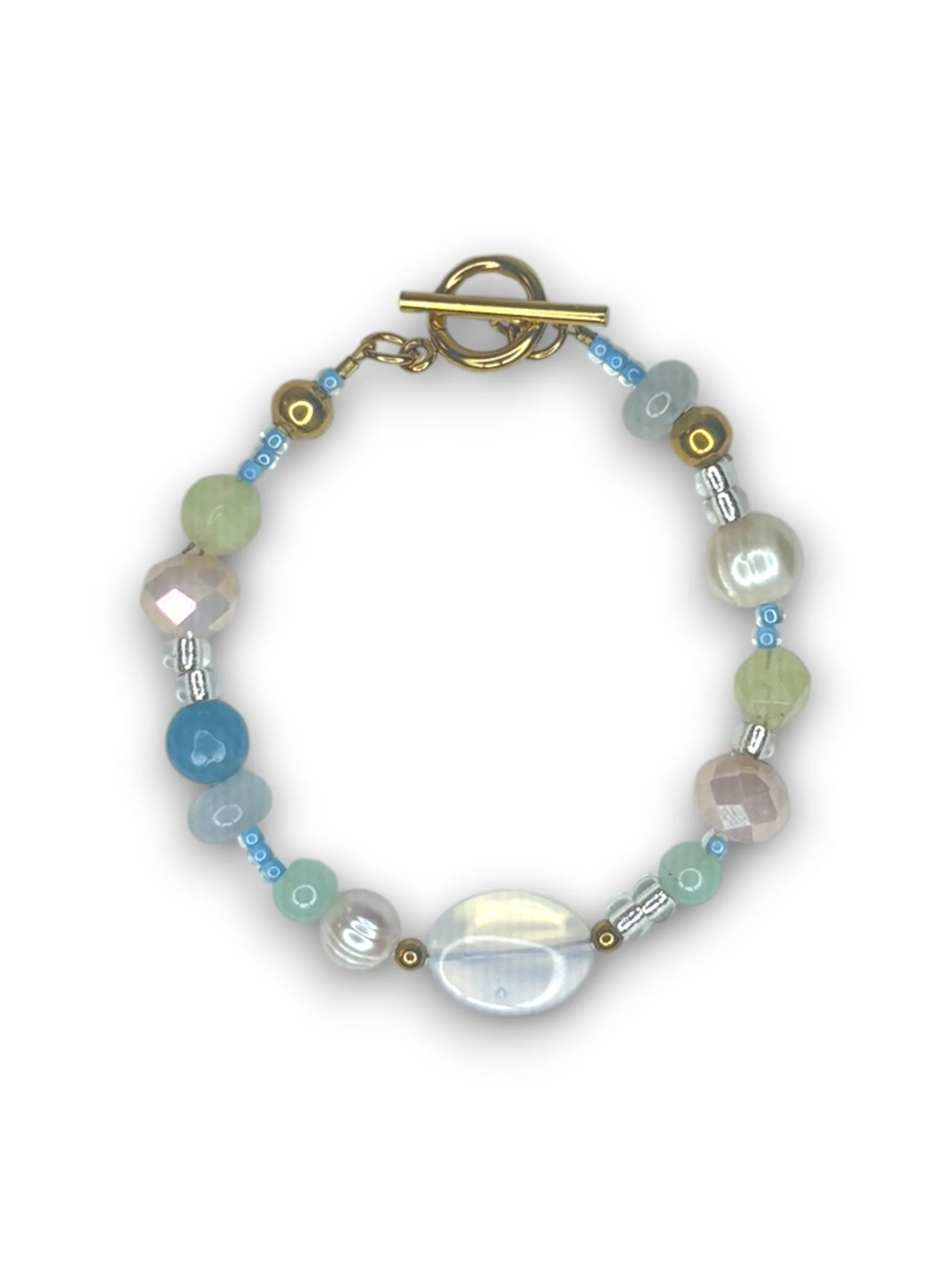 Seafoam Blue Opalite Beaded Bracelet in Gold