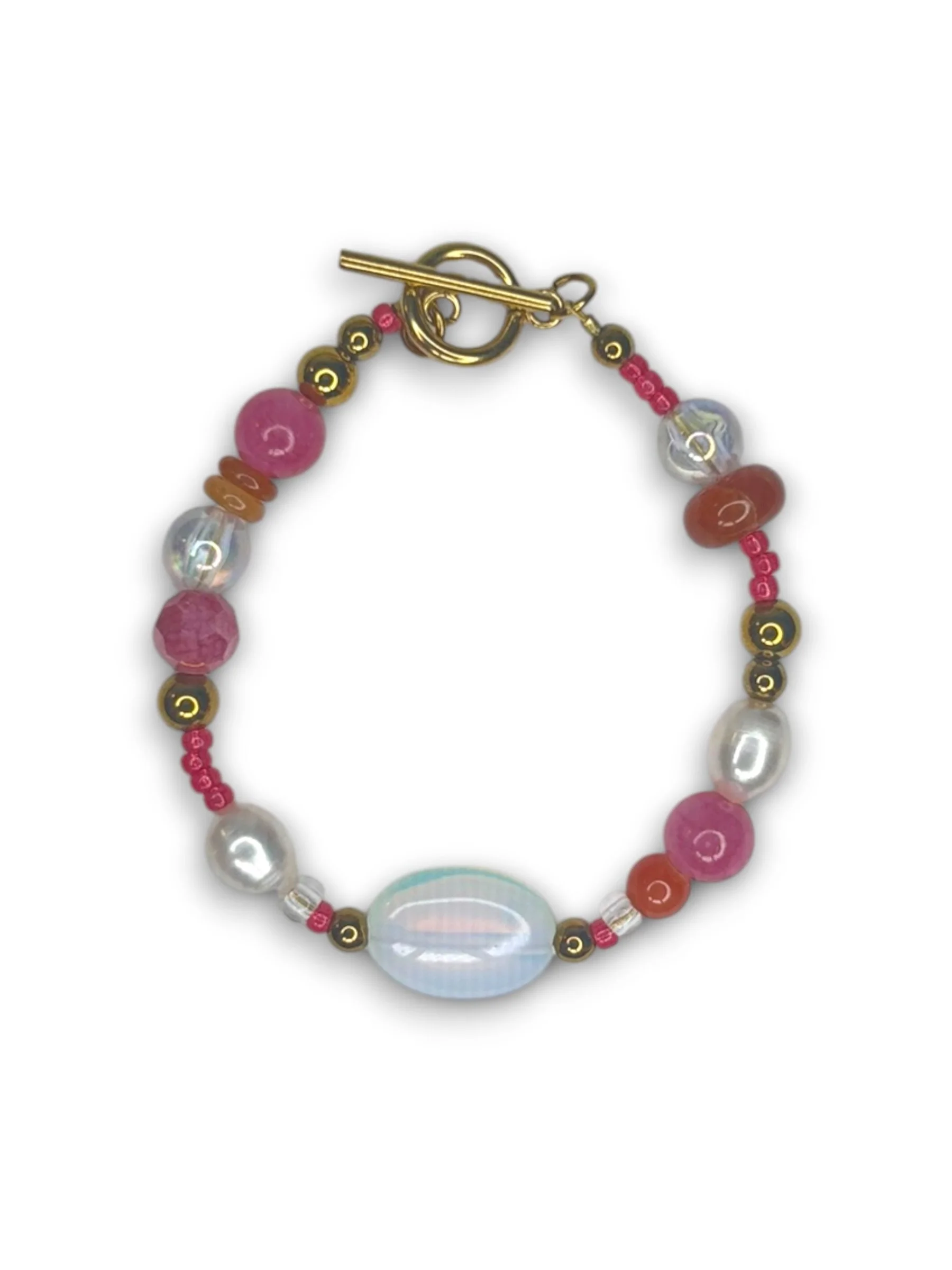 Sunset Pink Opalite Beaded Bracelet in Gold