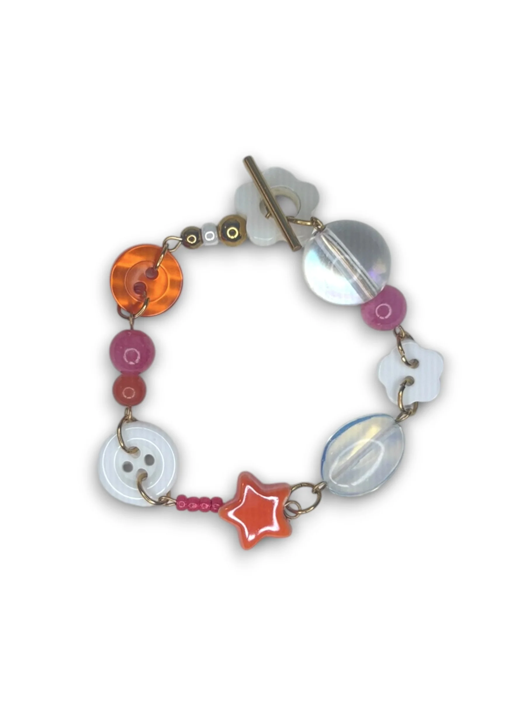 Sunset Pink Flower Closure Beaded Bracelet in Gold