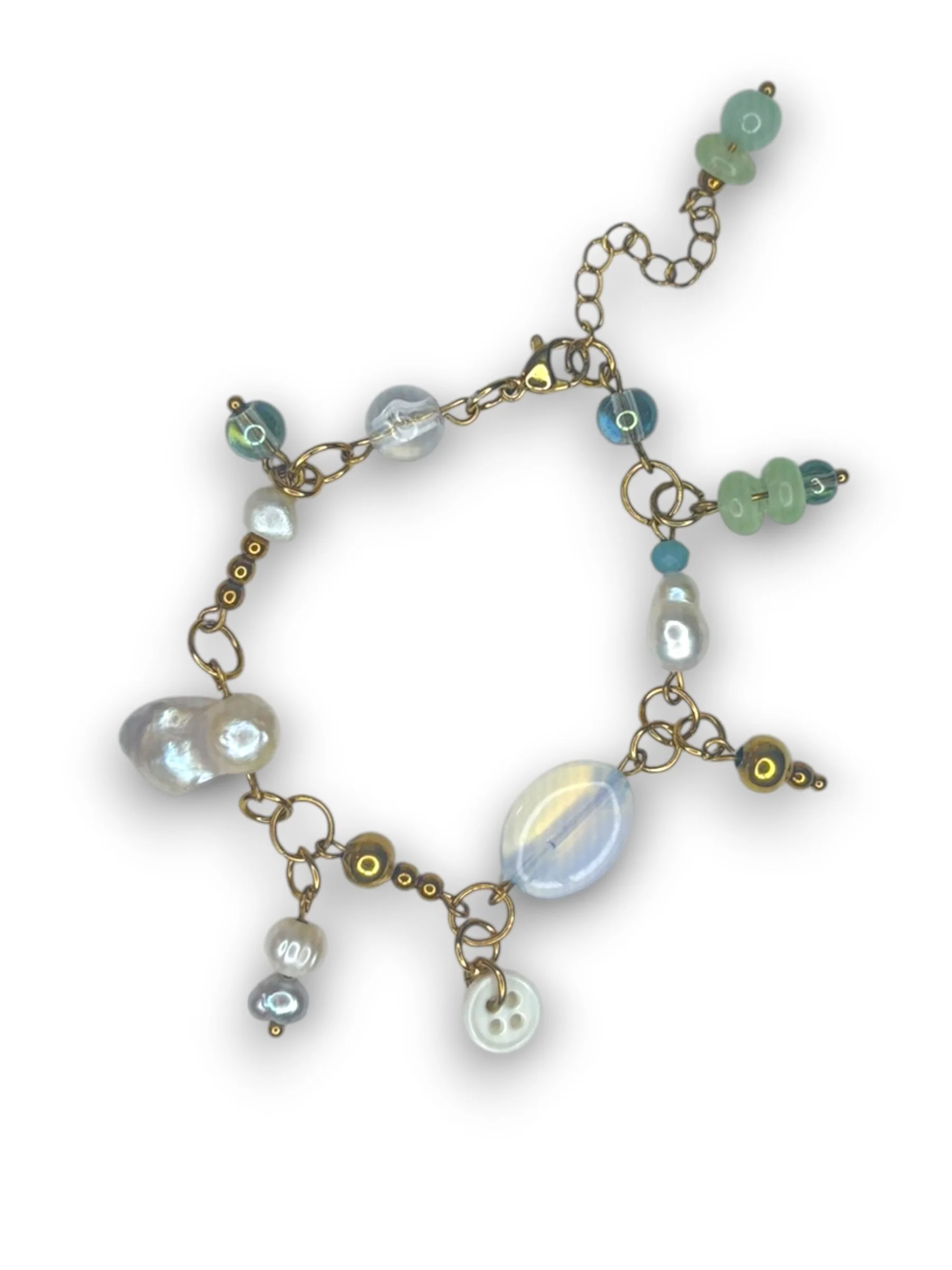 Seafoam Blue Curly Pearl Bracelet with Dangles in Gold