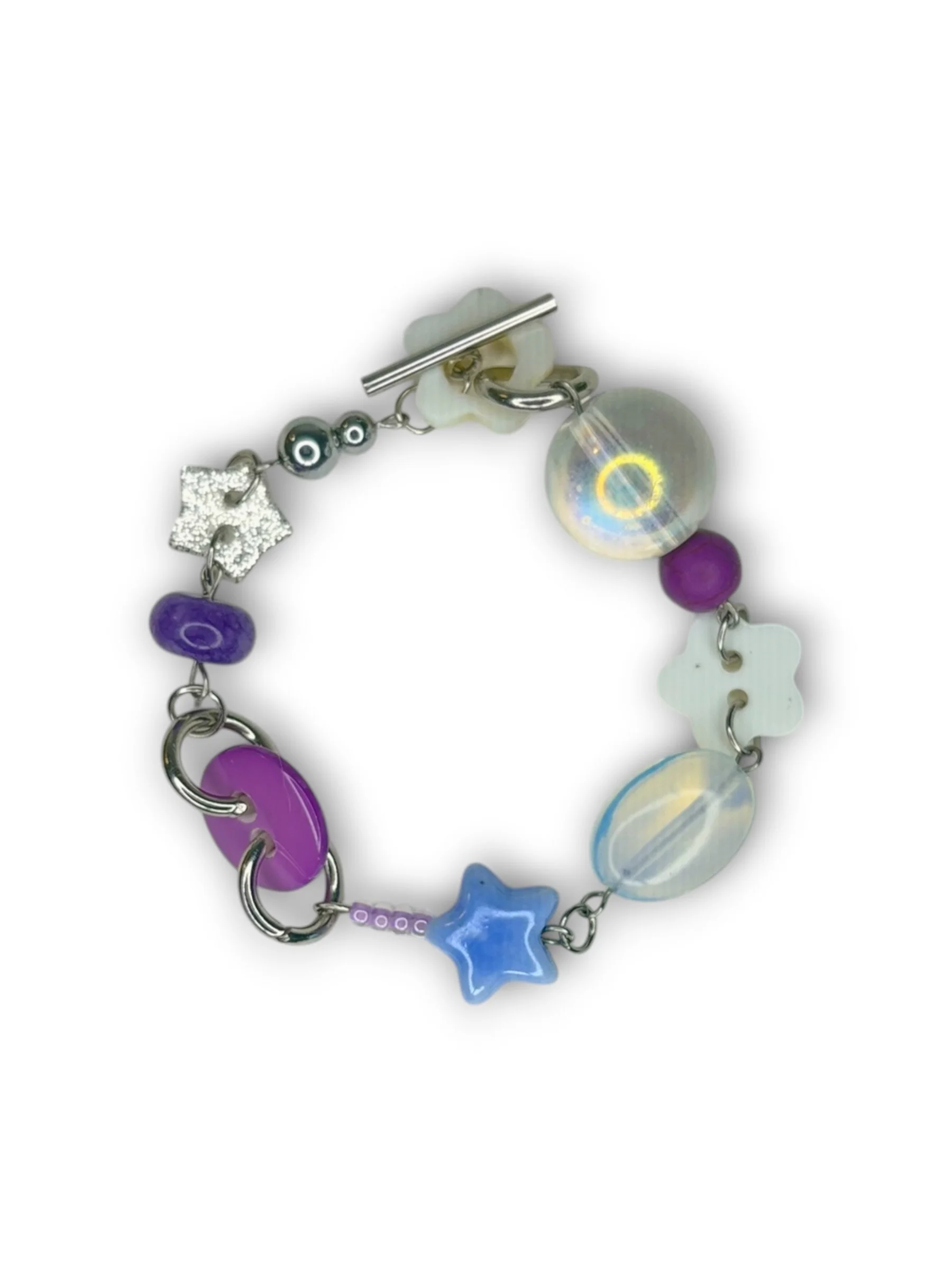 Twilight Purple Flower Closure Beaded Bracelet in Silver