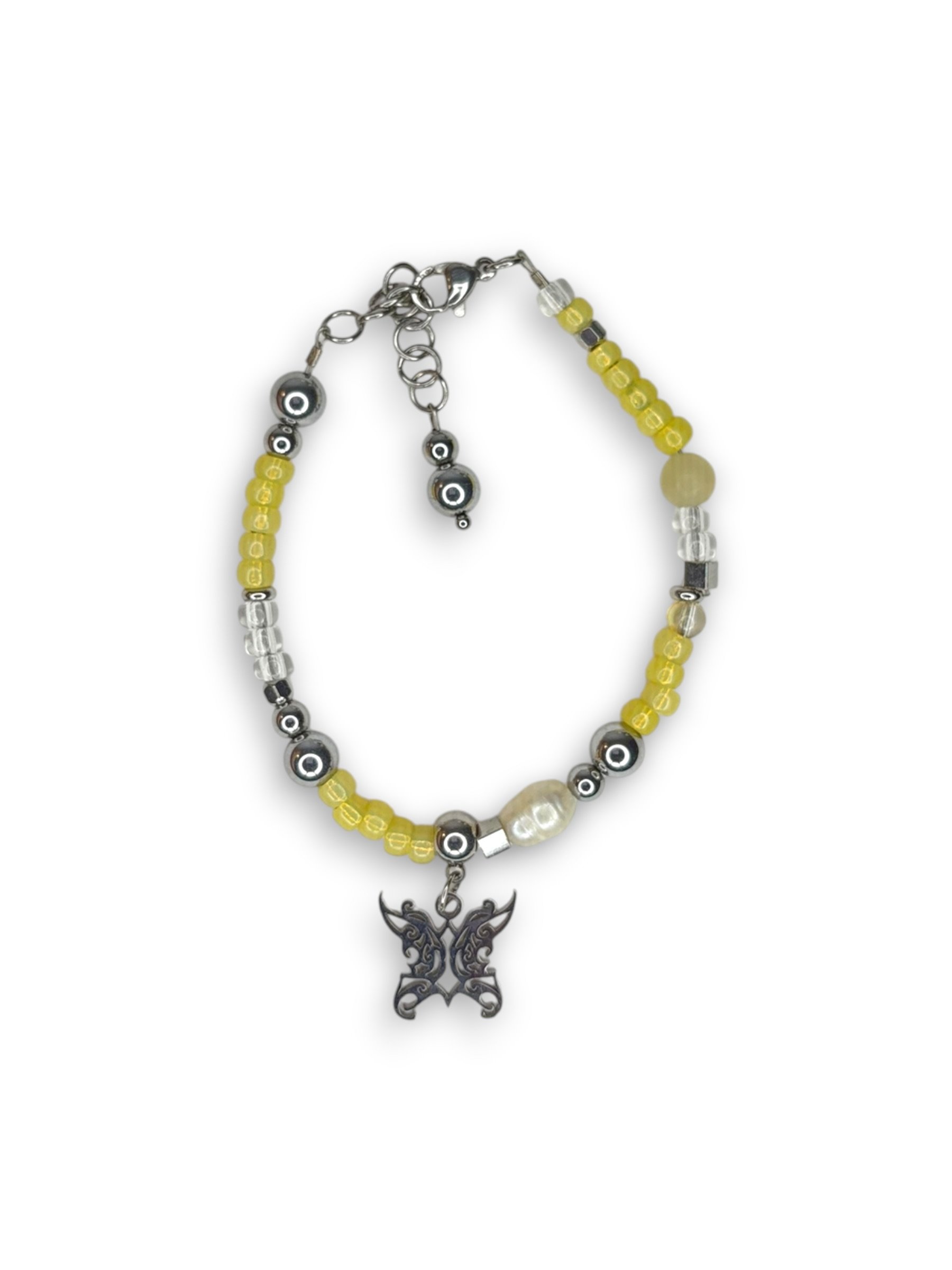 Daylight Yellow Thin Bead Charm Bracelet in Silver