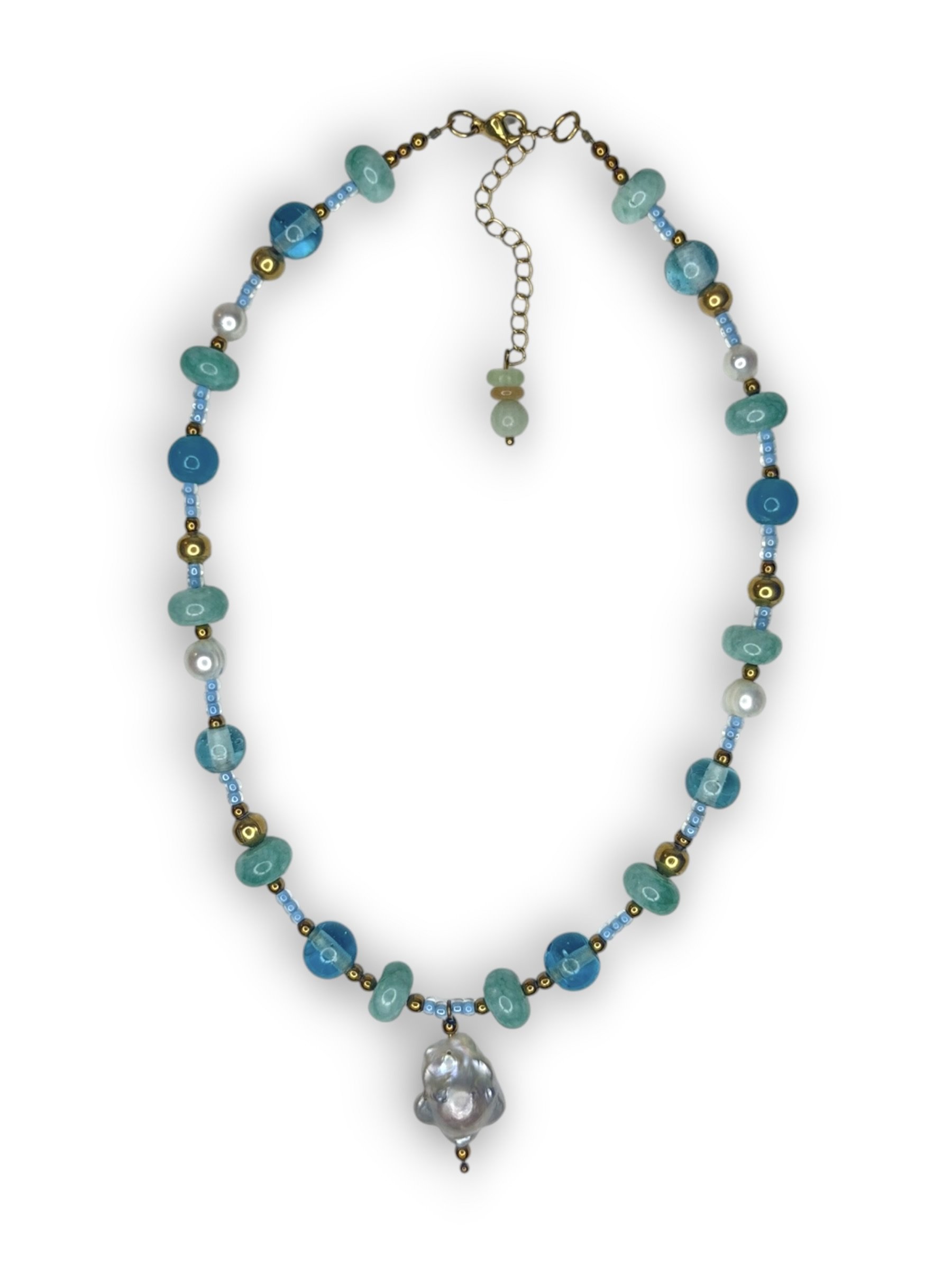 Seafoam Blue Flower Pearl Necklace in Gold