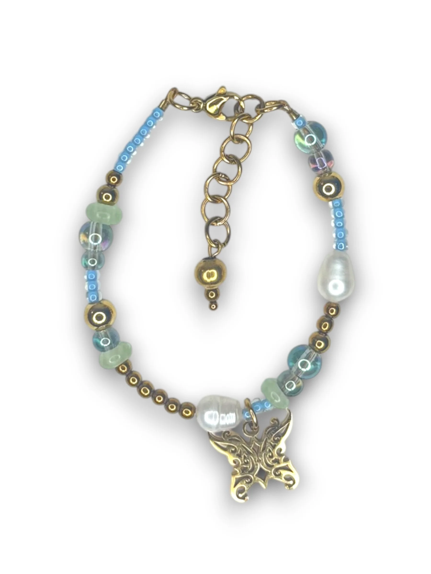 Seafoam Blue Thin Bead Charm Bracelet in Gold