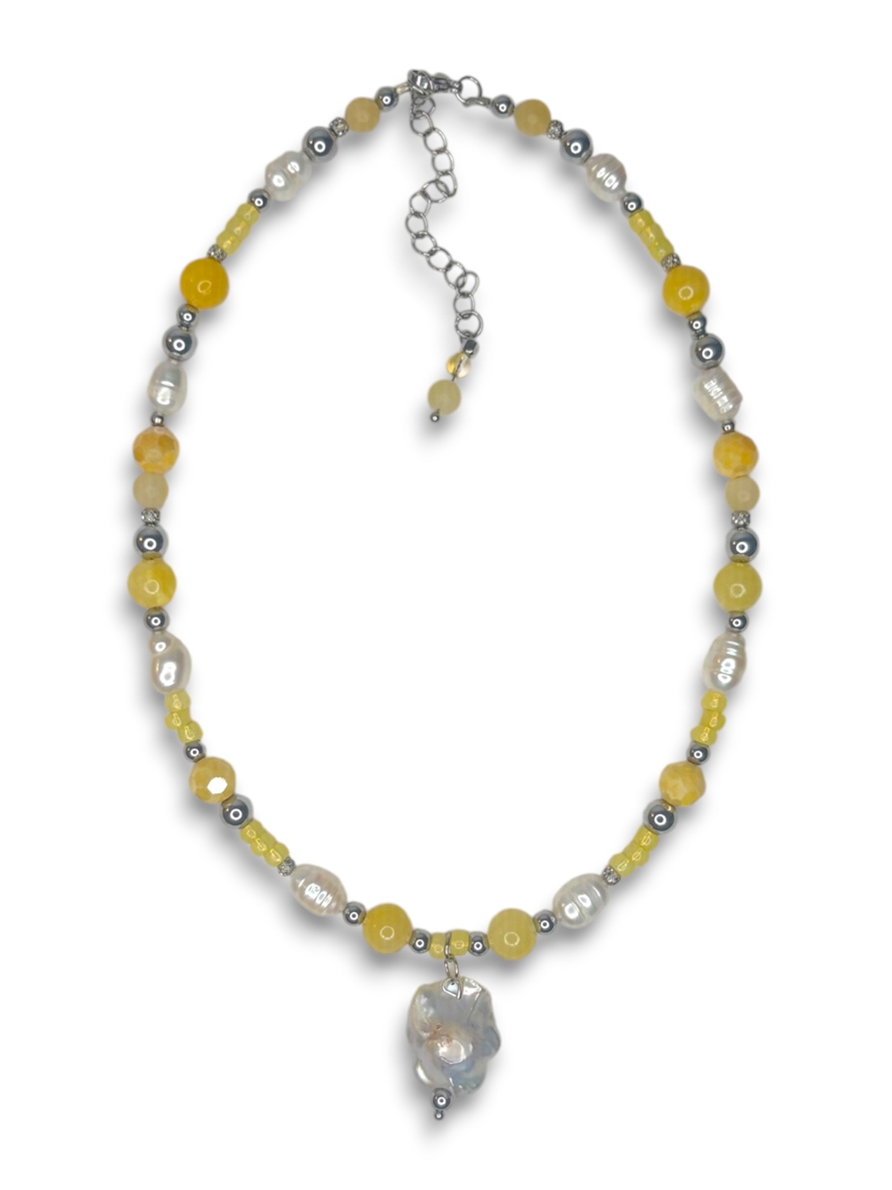 Daylight Yellow Flower Pearl Necklace in Silver