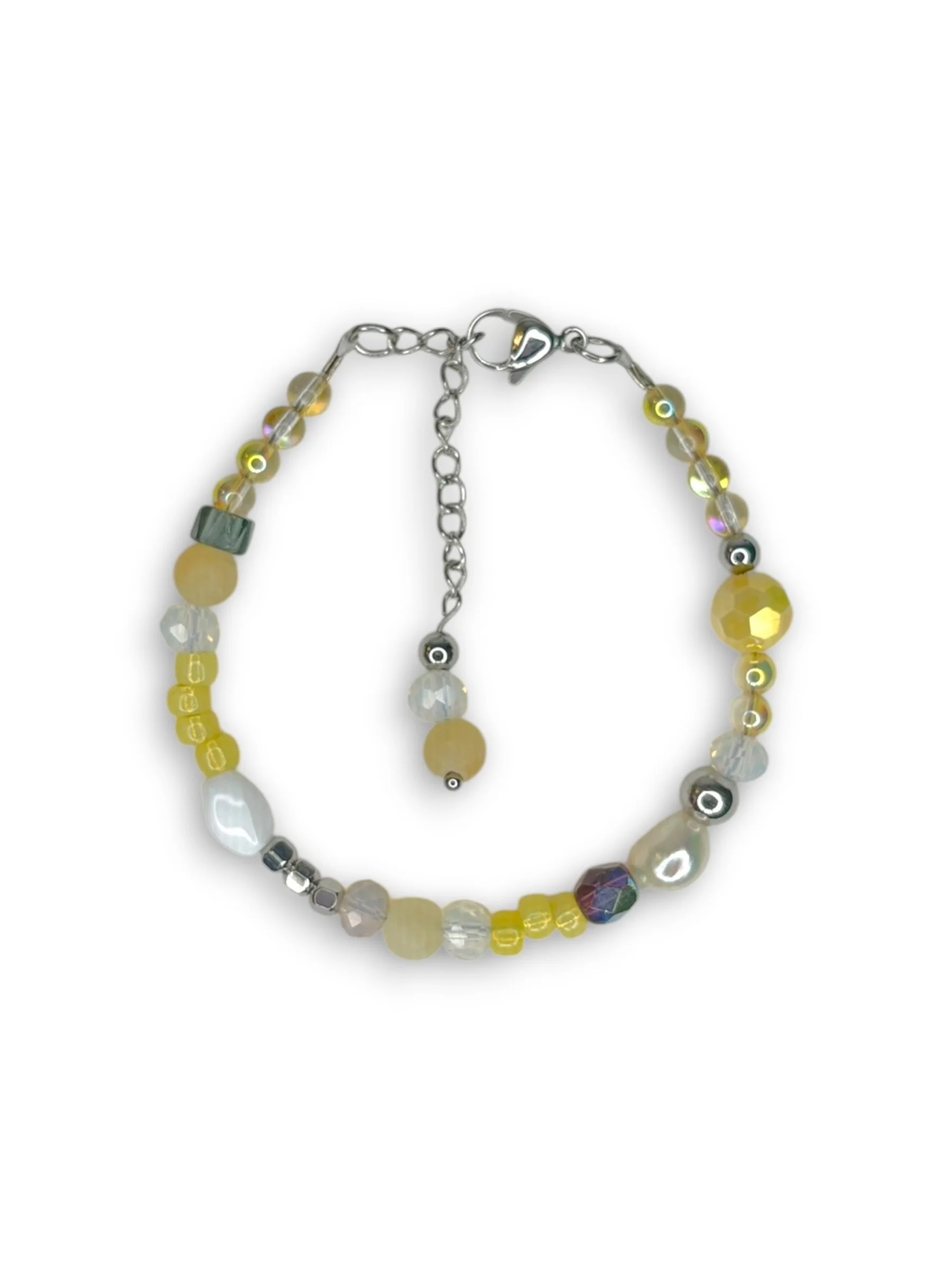 Daylight Yellow Thin Beaded Bracelet in Silver