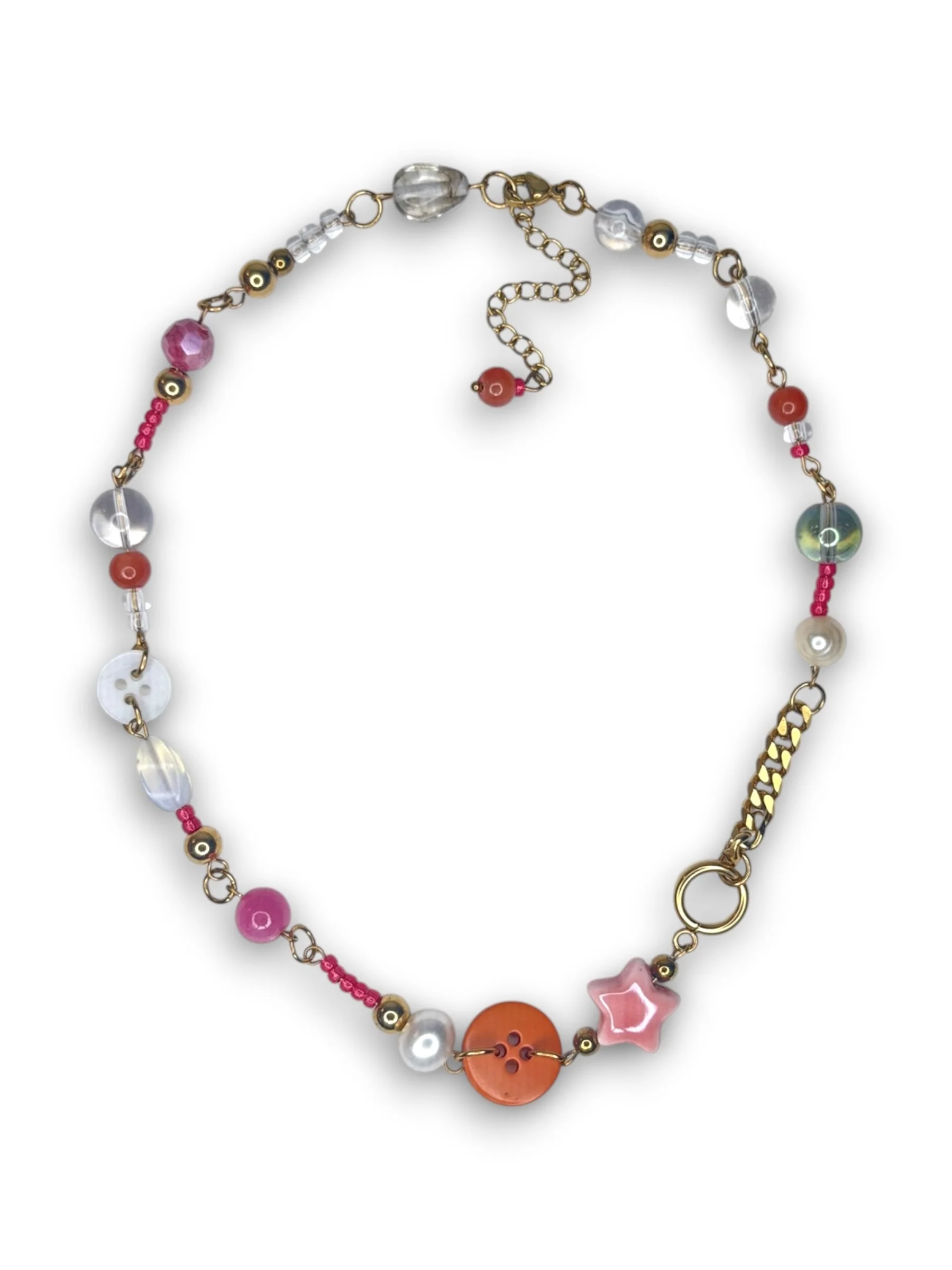 Sunset Pink Button and Chain Necklace in Gold