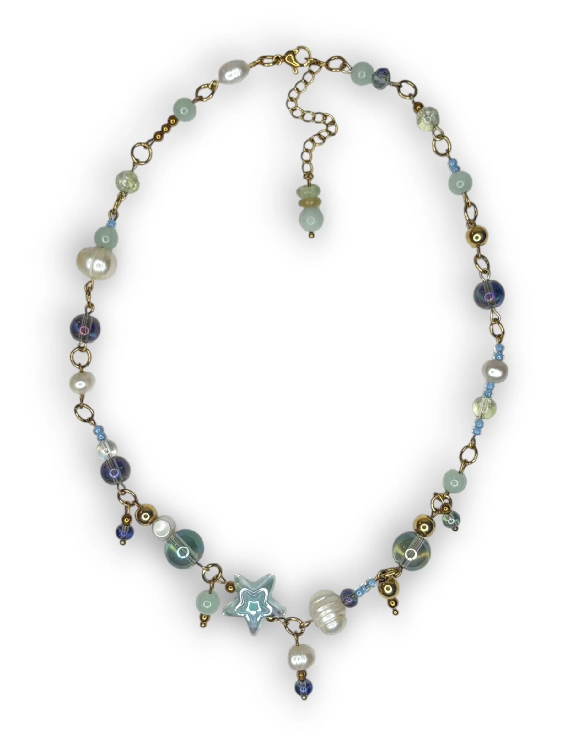 Seafoam Blue Star Dangle Necklace in Gold