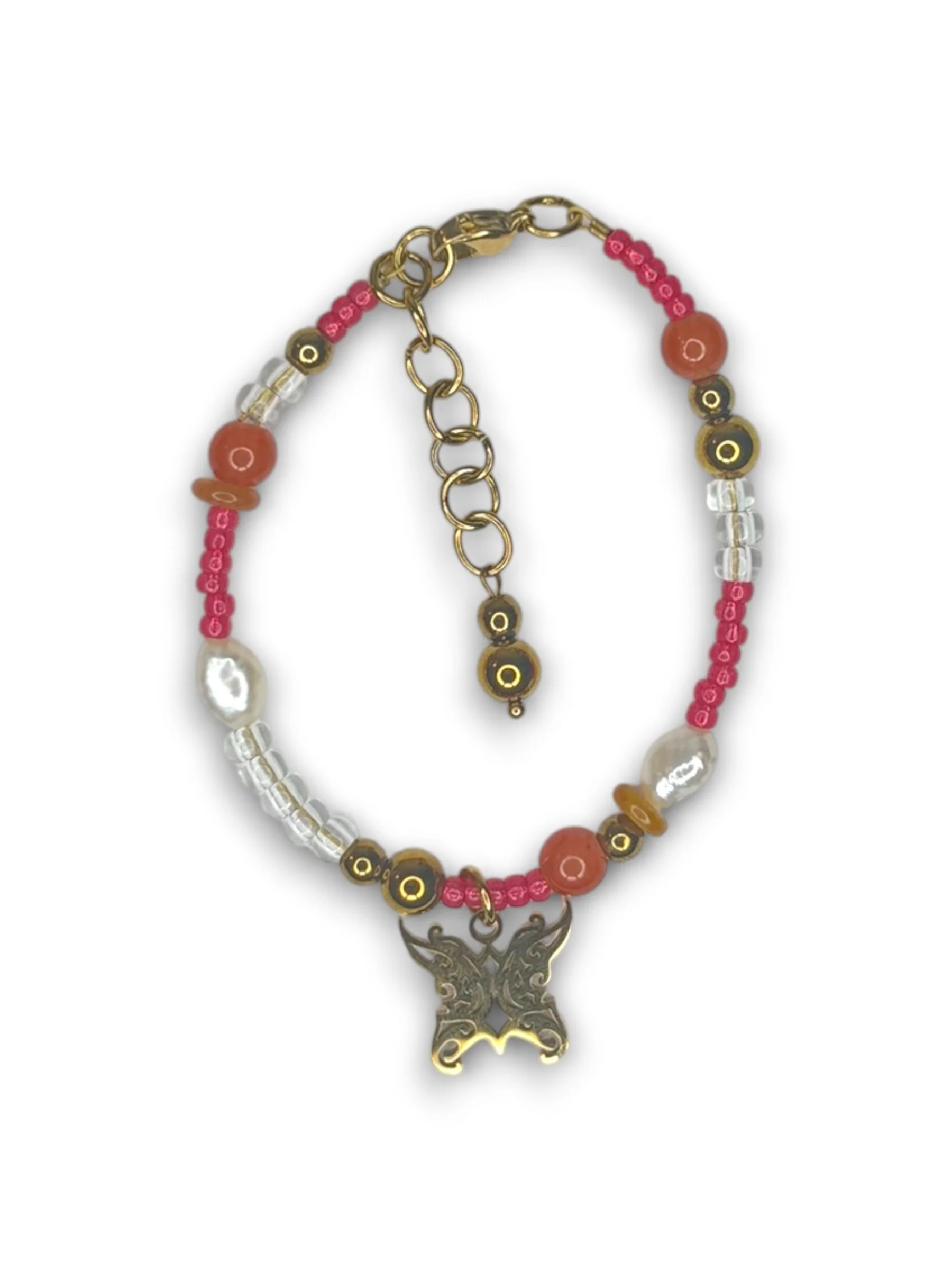 Sunset Pink Thin Bead Charm Bracelet in Gold