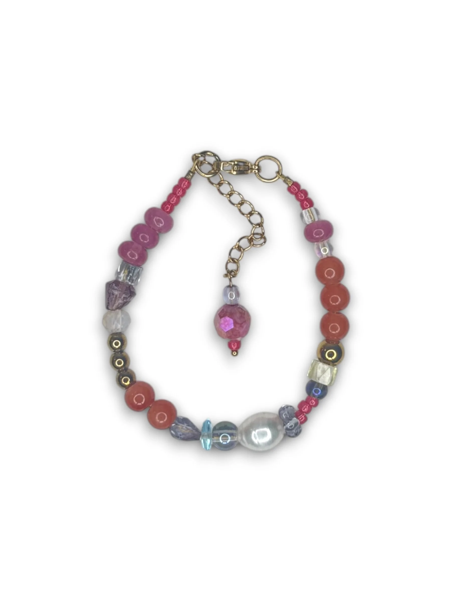 Sunset Pink Thin Beaded Bracelet in Gold
