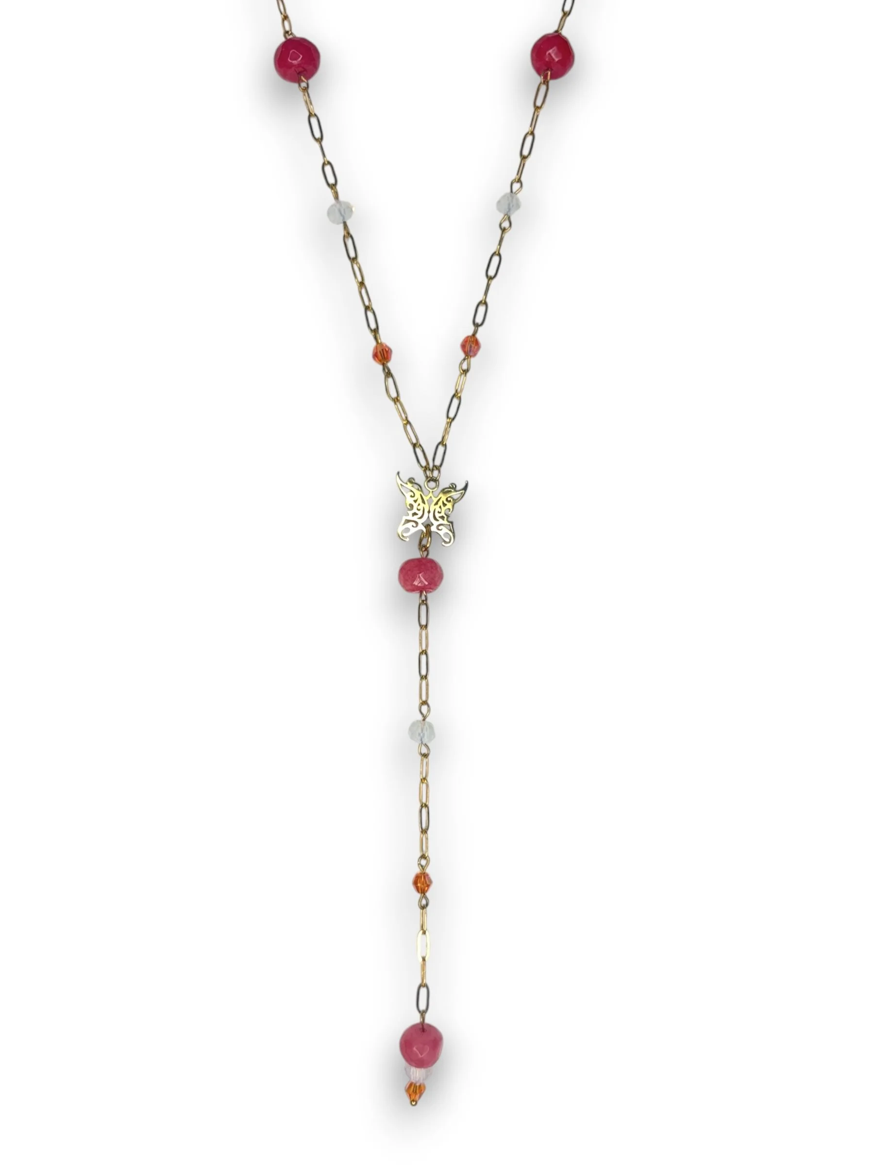 Sunset Pink Lariat Necklace in Gold