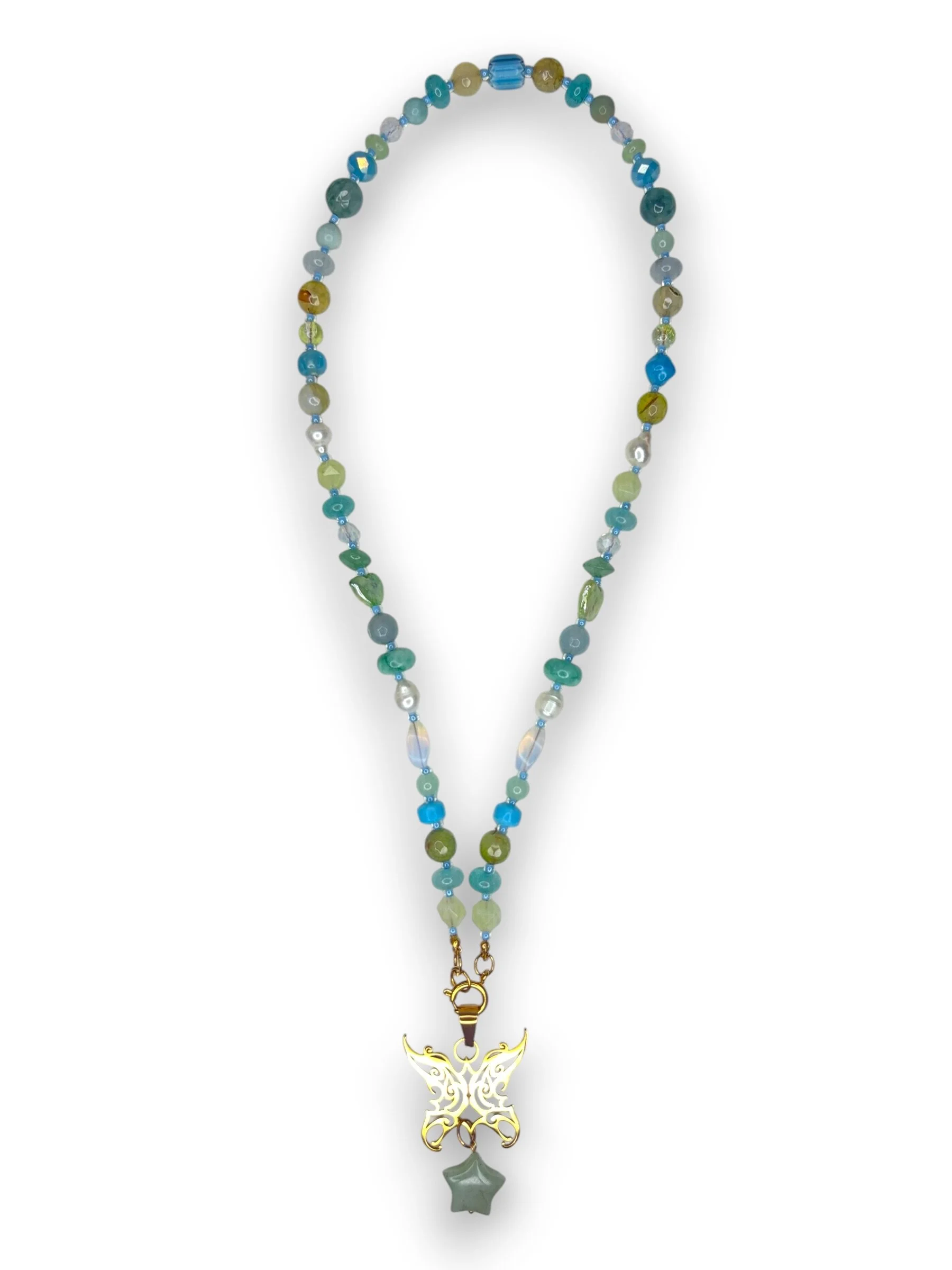 Seafoam Blue Long Beaded Necklace in Gold