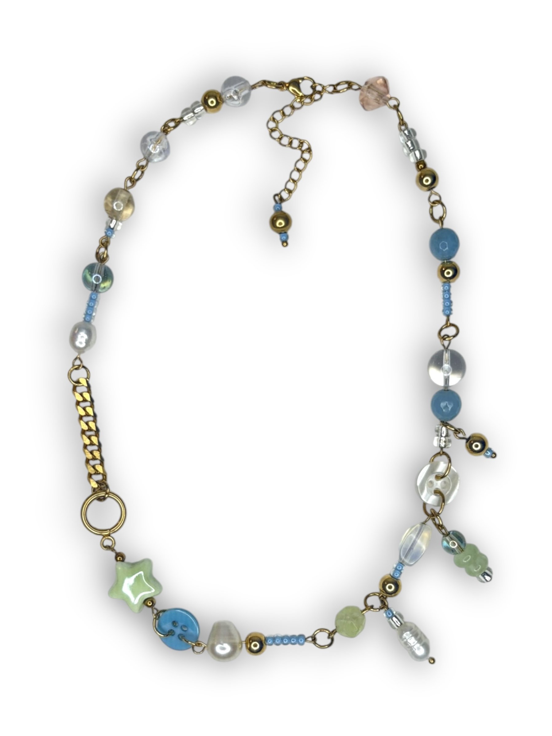 Seafoam Green Button and Chain Necklace in Gold