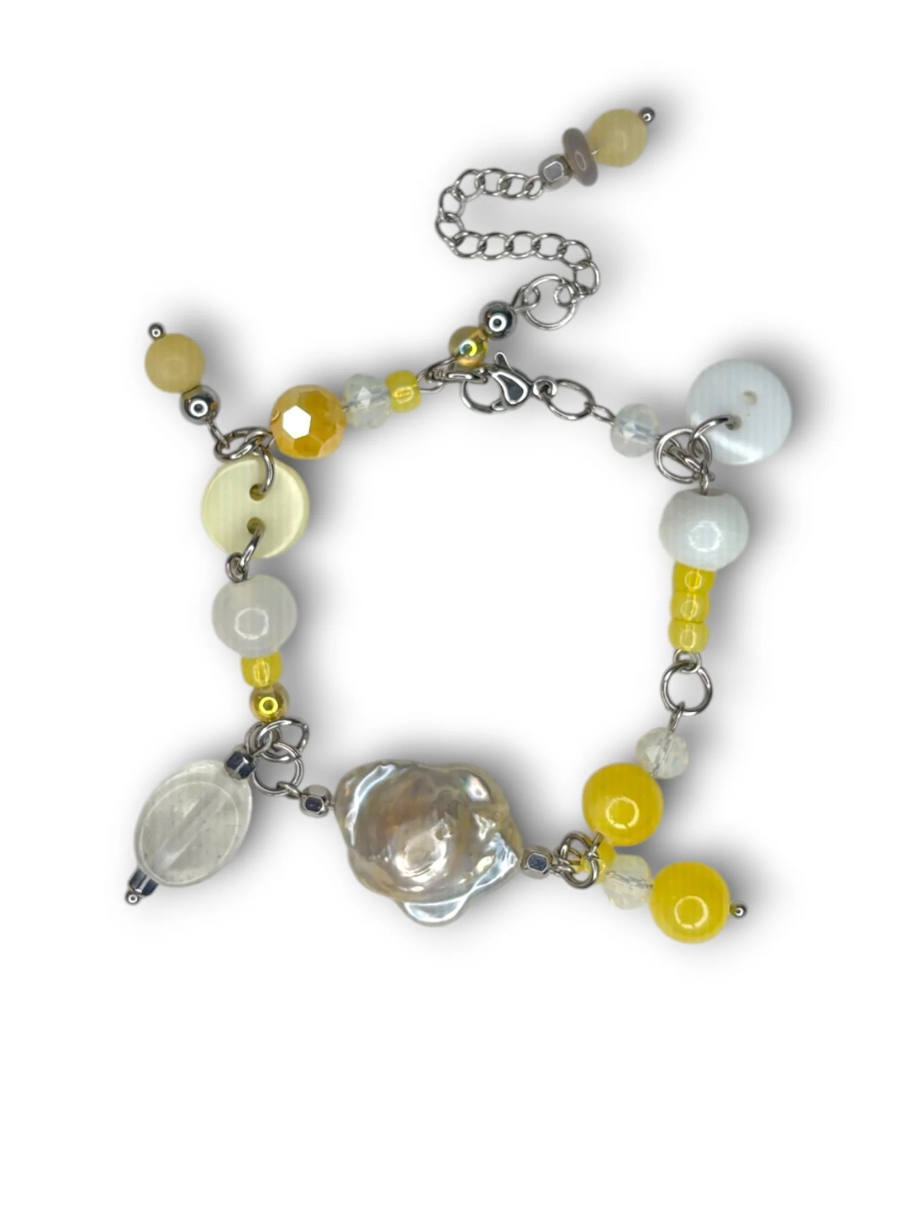 Daylight Yellow Flower Pearl Bracelet with Dangles in Silver