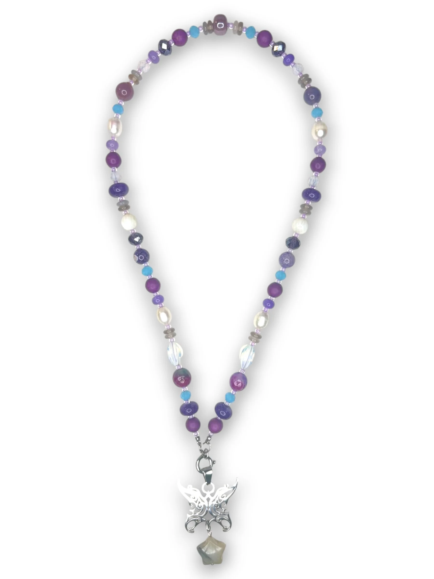 Twilight Purple Long Beaded Necklace in Silver
