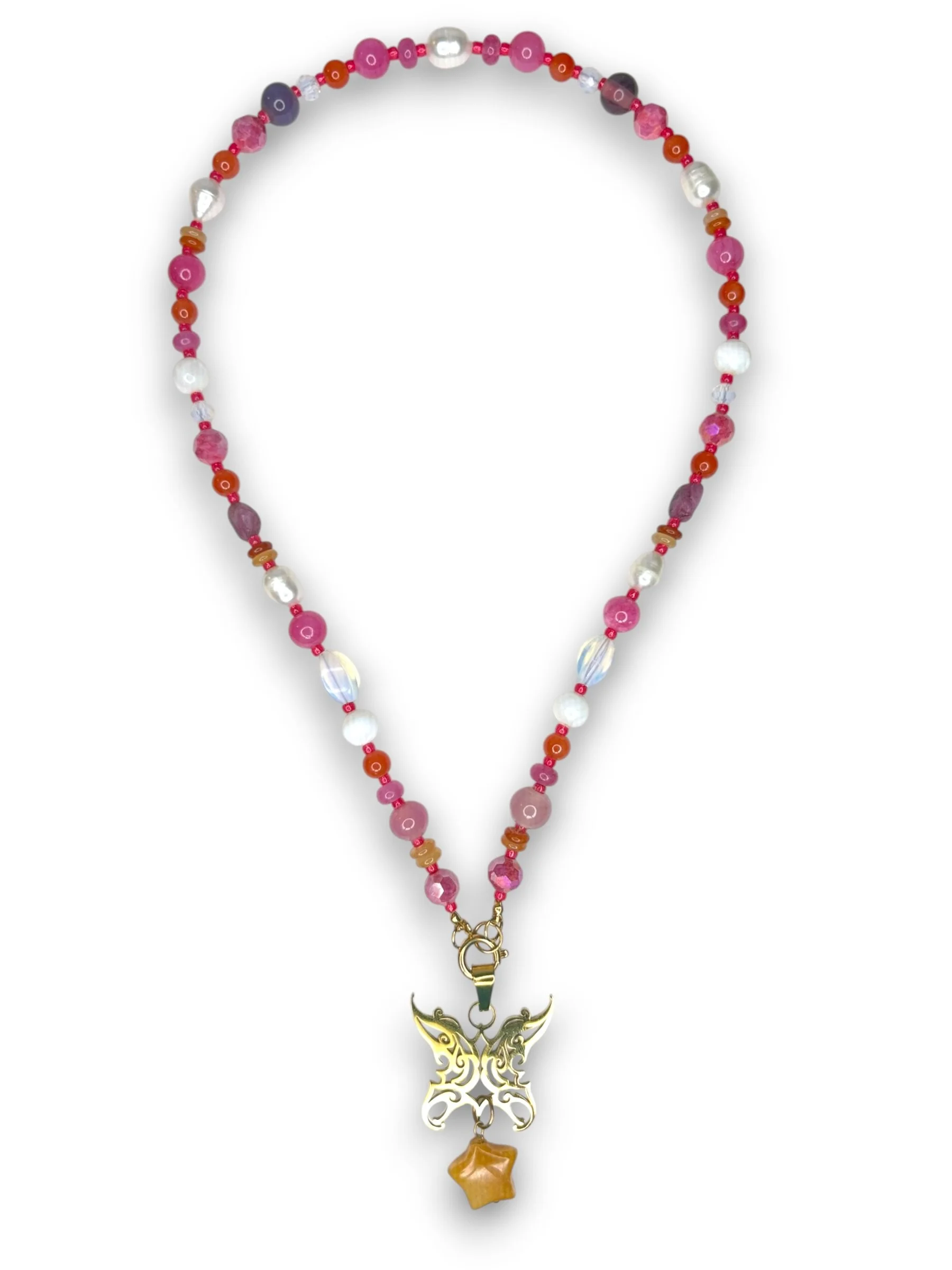 Sunset Pink Long Beaded Necklace in Gold