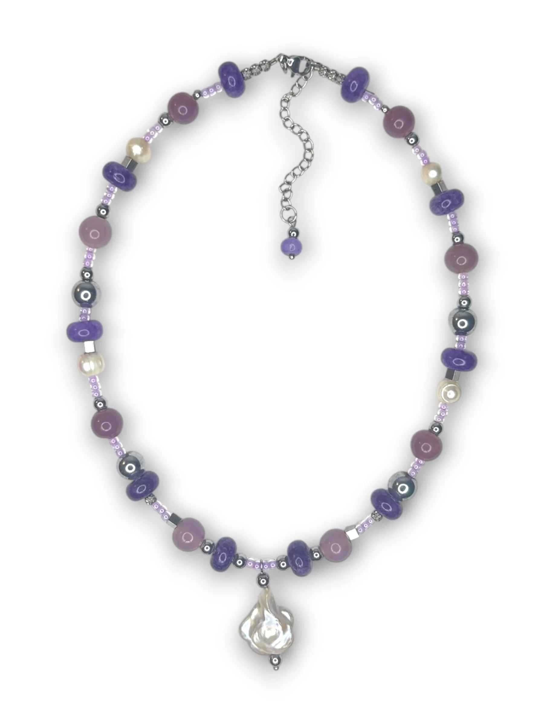 Twilight Purple Flower Pearl Necklace in Silver