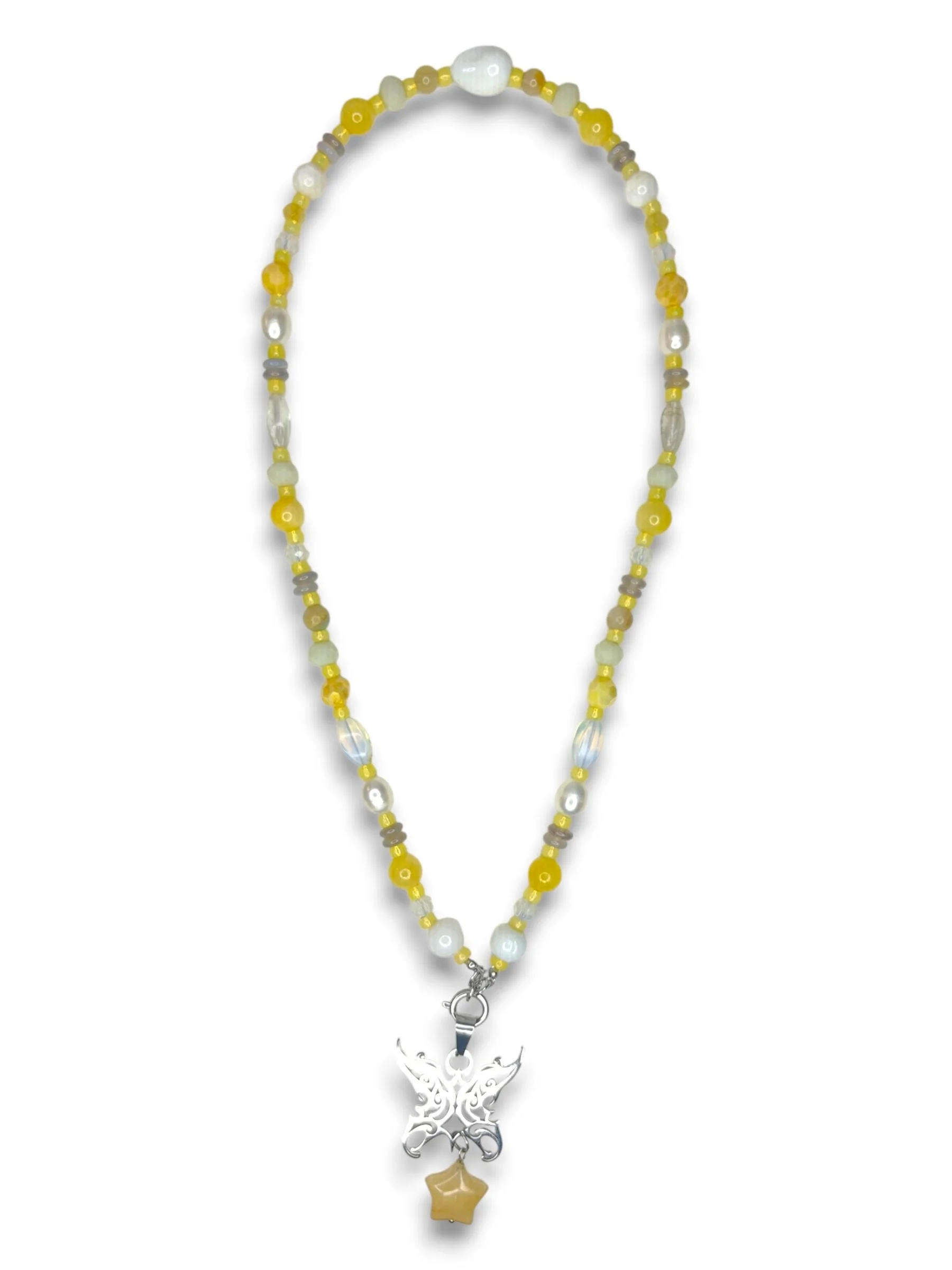 Daylight Yellow Long Beaded Necklace in Silver