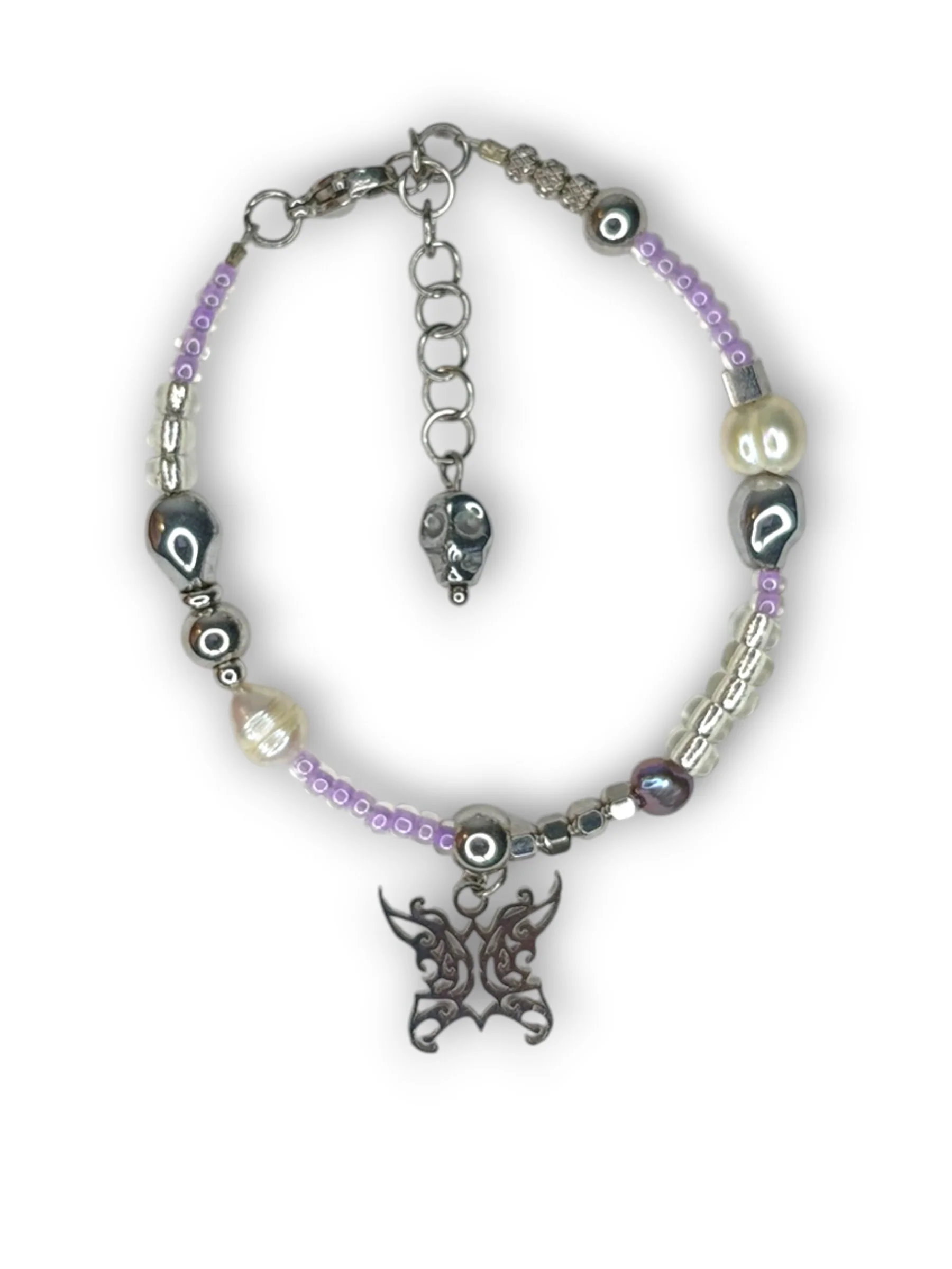 Twilight Purple Thin Bead Charm Bracelet in Silver