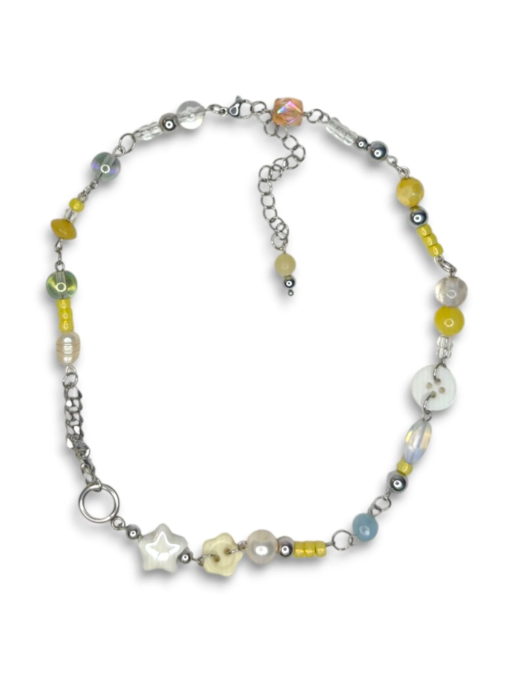 Daylight Yellow Button and Chain Necklace in Silver